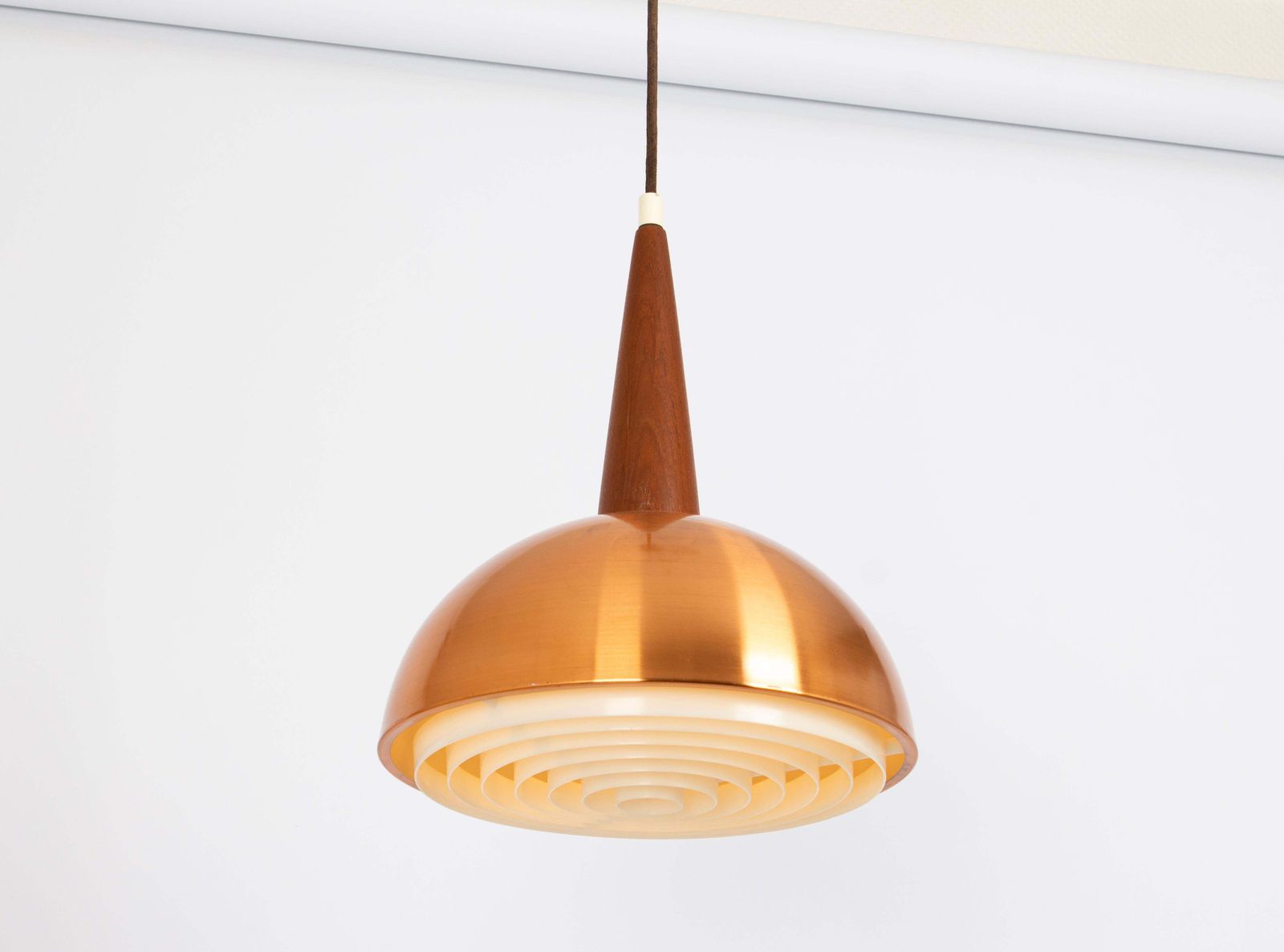 Wonderful Petite Copper And Teak Pendant Light, In Style Of Jo Hammerborg, 1970s photo 559.0