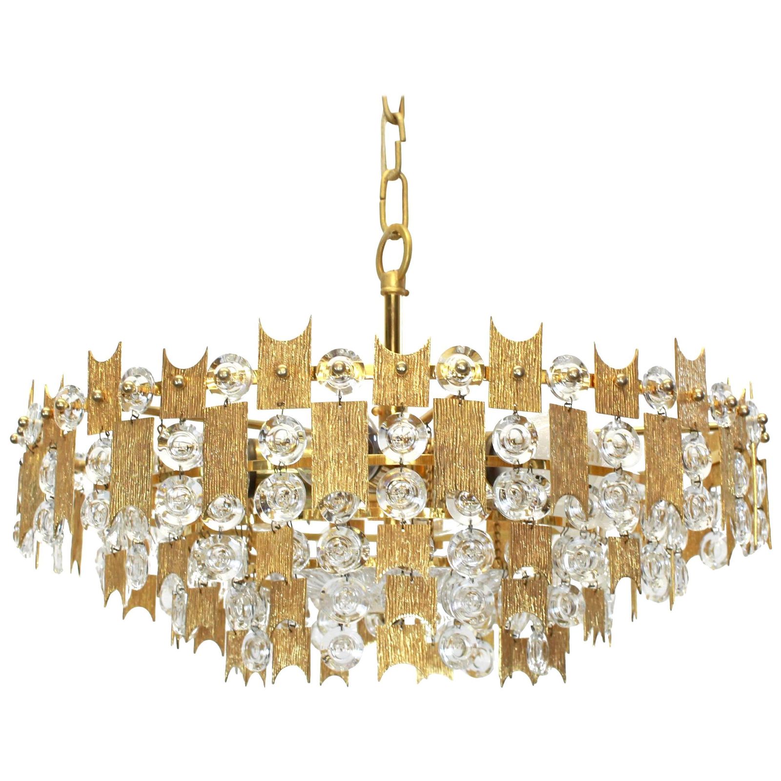 Impressive Large Gilt Brass And Crystal Glass Chandelier By Palwa Germany, 1960s