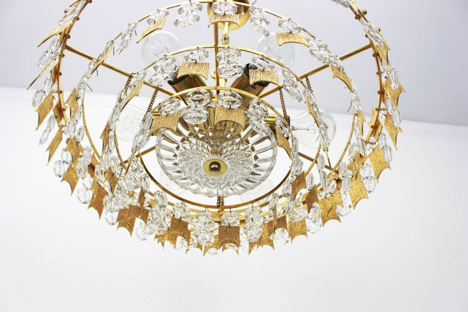 Impressive Large Gilt Brass And Crystal Glass Chandelier By Palwa Germany, 1960s photo buy