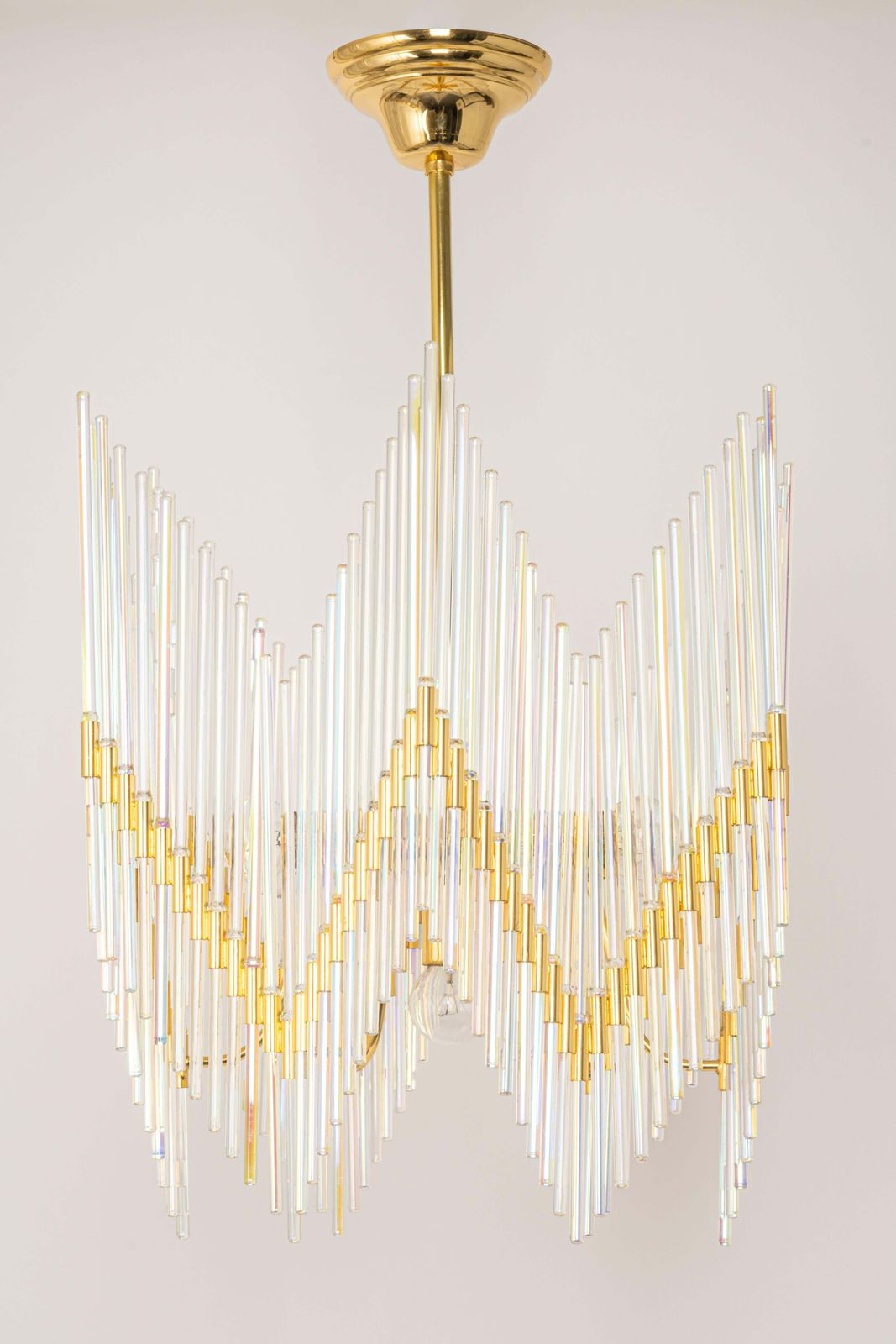Stunning Gilt Brass And Crystal Glass Rods Chandelier By Palwa, Germany, 1970s photo for sale