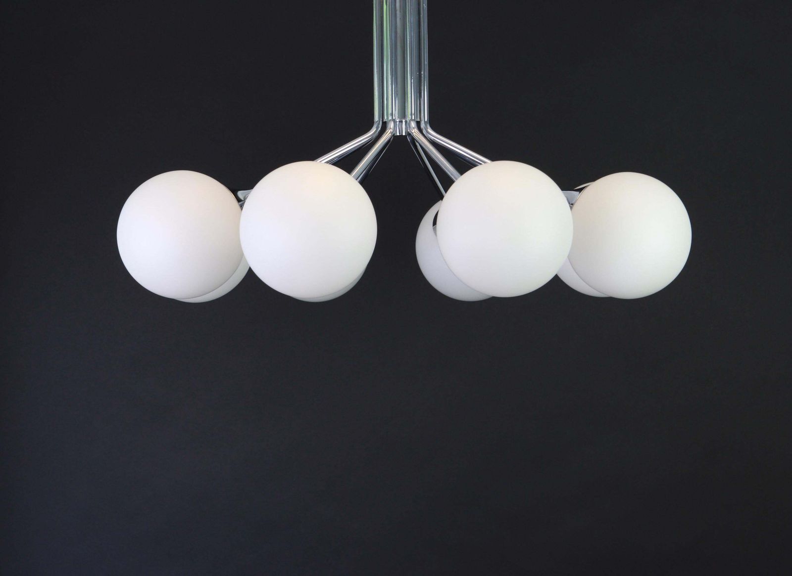 1 Of 2 Large Stunning Kaiser Sputnik Opal Glass Globes Chandelier, Germany 1970s photo furniture