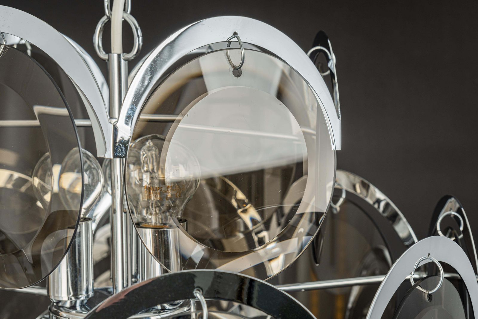 Vistosi Smoked Glass Disc Chrome Chandelier, Italy, 1970s photo vintage