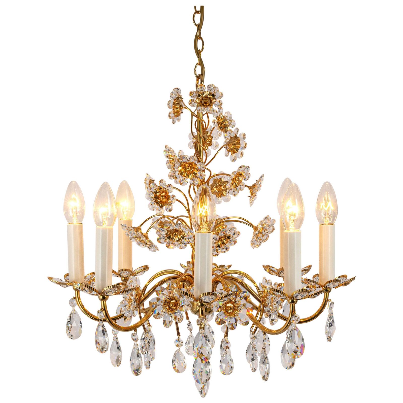 Large Gilt Brass Flower Shape Chandelier By Palwa, Germany, 1970s