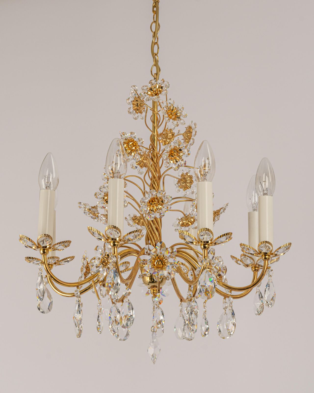 Large Gilt Brass Flower Shape Chandelier By Palwa, Germany, 1970s photo Lighting