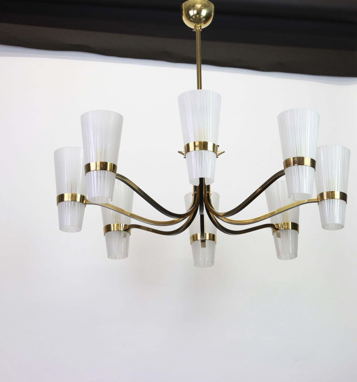 Huge Sunburst Brass And Glass Chandelier, Stilnovo Style, 1950s photo Lighting