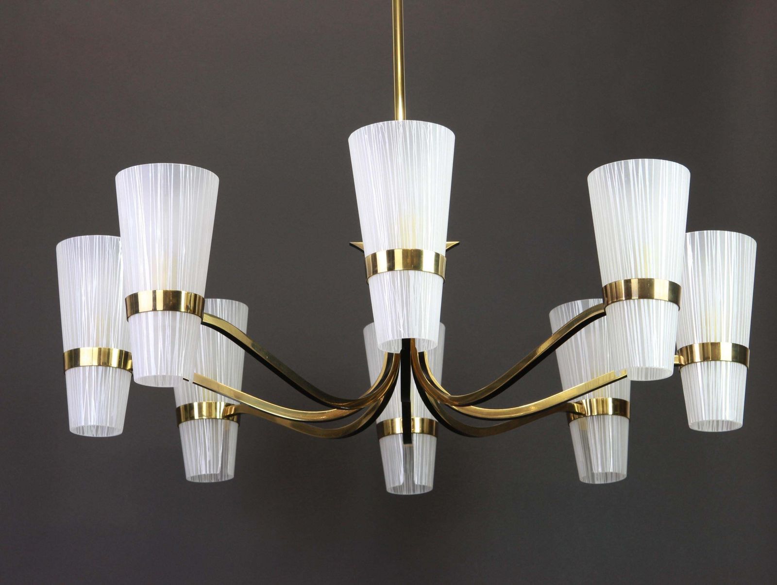 Huge Sunburst Brass And Glass Chandelier, Stilnovo Style, 1950s photo buy
