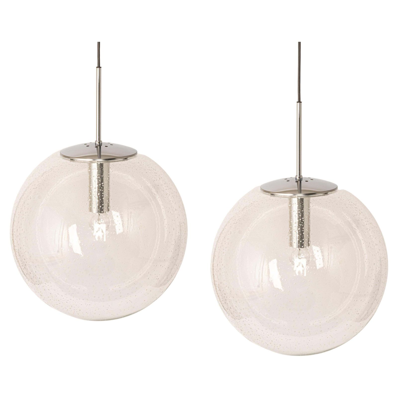 1 Of 2 Large Limburg Chrome With Clear Glass Ball Pendant, Germany, 1970s