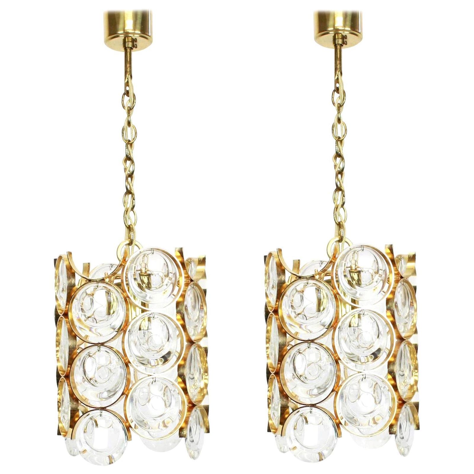 Pair Of Petite Gilded Brass Pendants, Sciolari Design For Palwa, Germany, 1970s