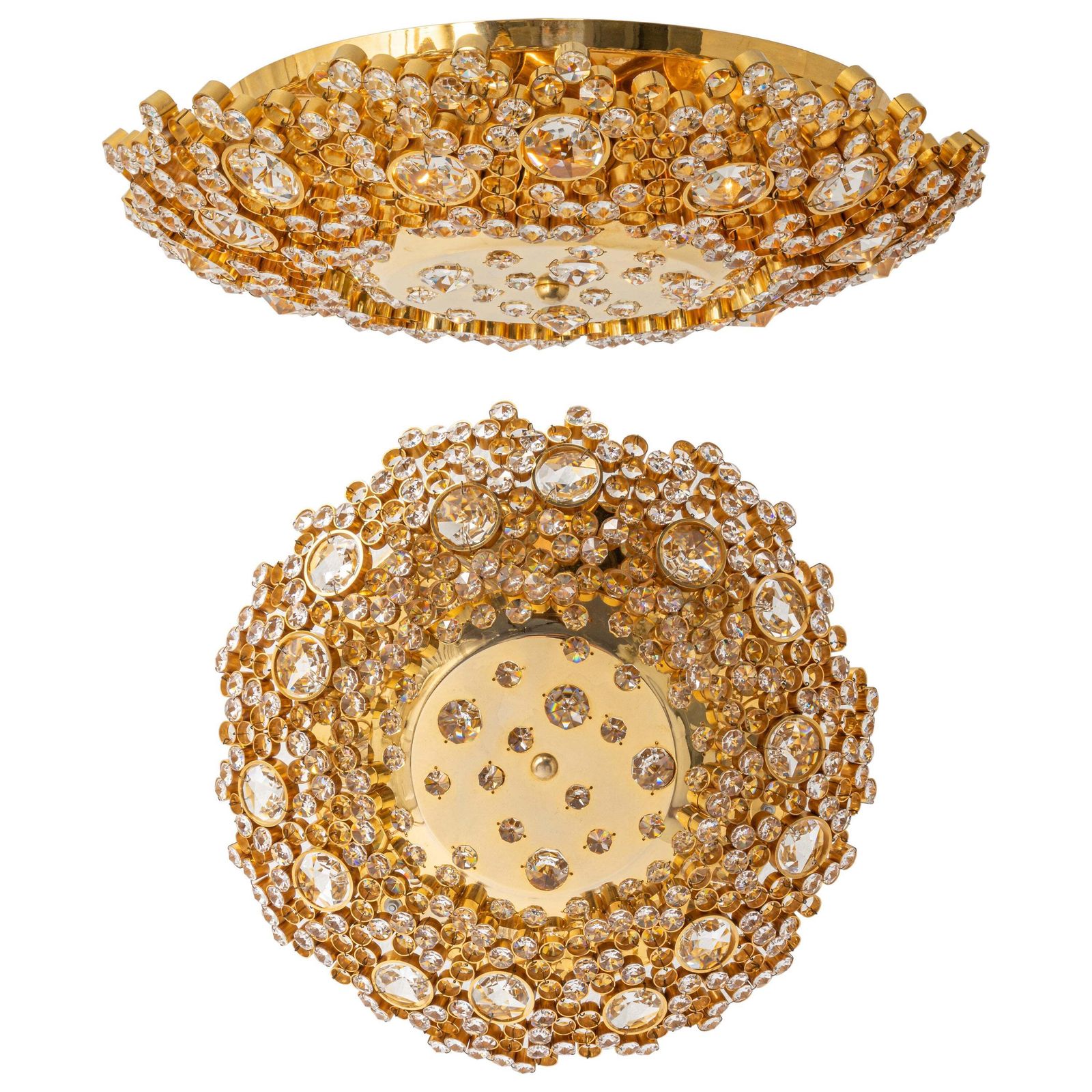 Petite Delicate Gilt Brass Cut Glass Flower Flush Mount By Palwa, Germany, 1970s