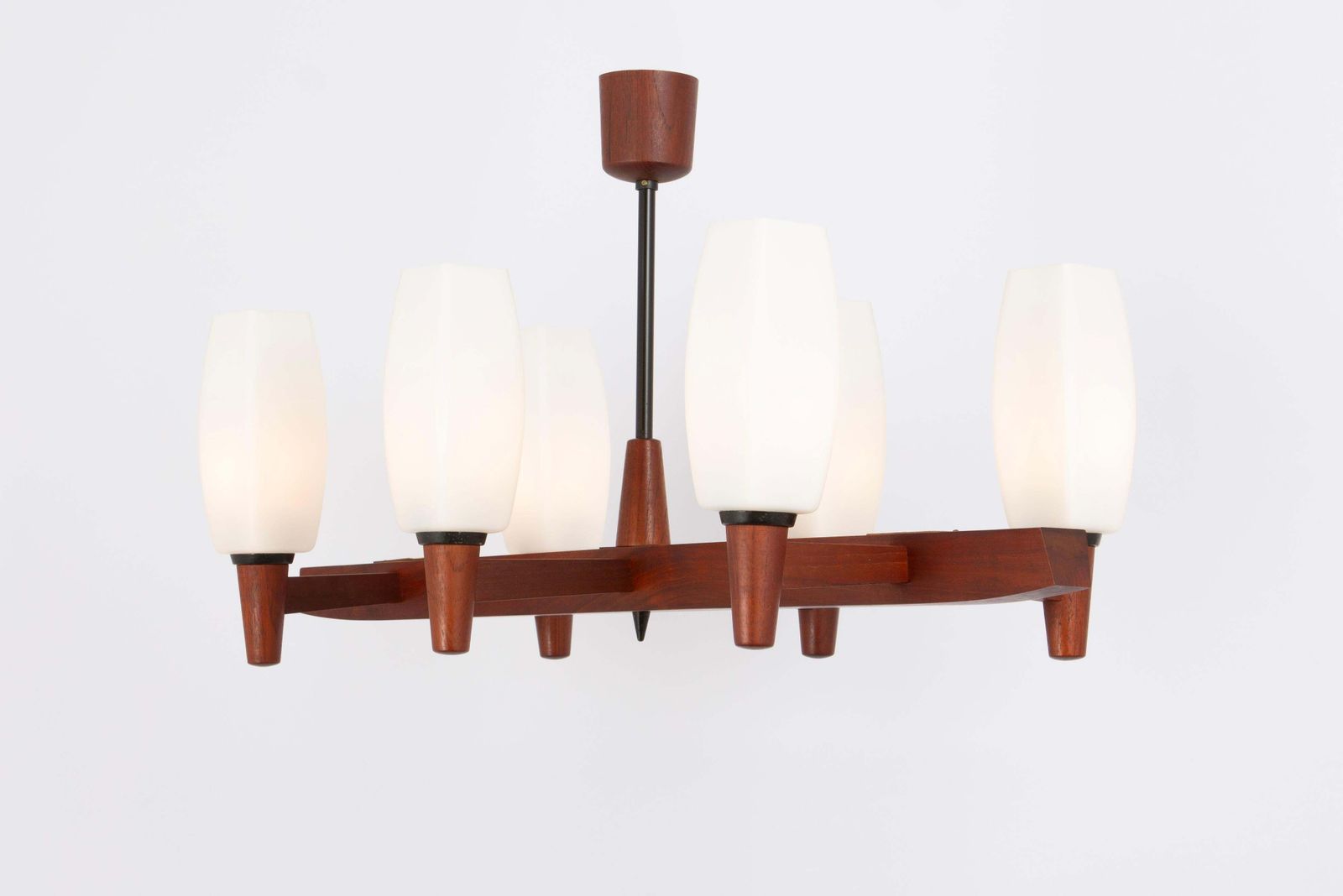 Wonderful Minimalistic Teak And Opal Glass Chandelier By Kaiser, Germany 1960s photo for sale