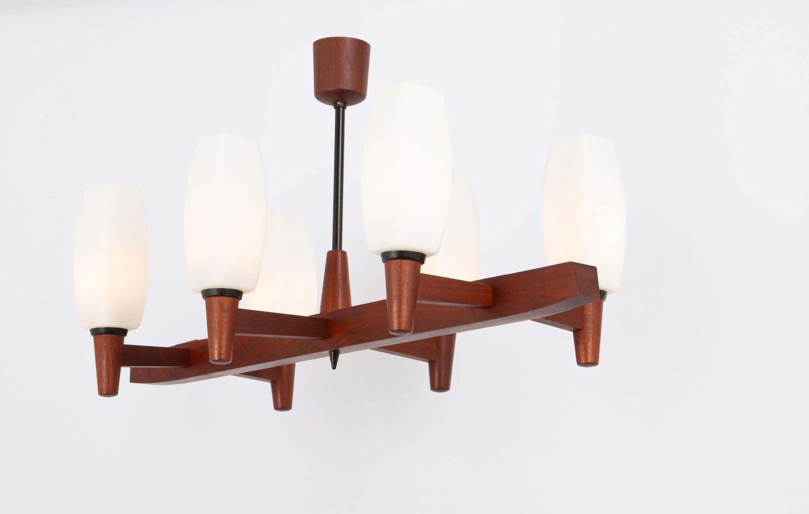 Wonderful Minimalistic Teak And Opal Glass Chandelier By Kaiser, Germany 1960s photo Lighting