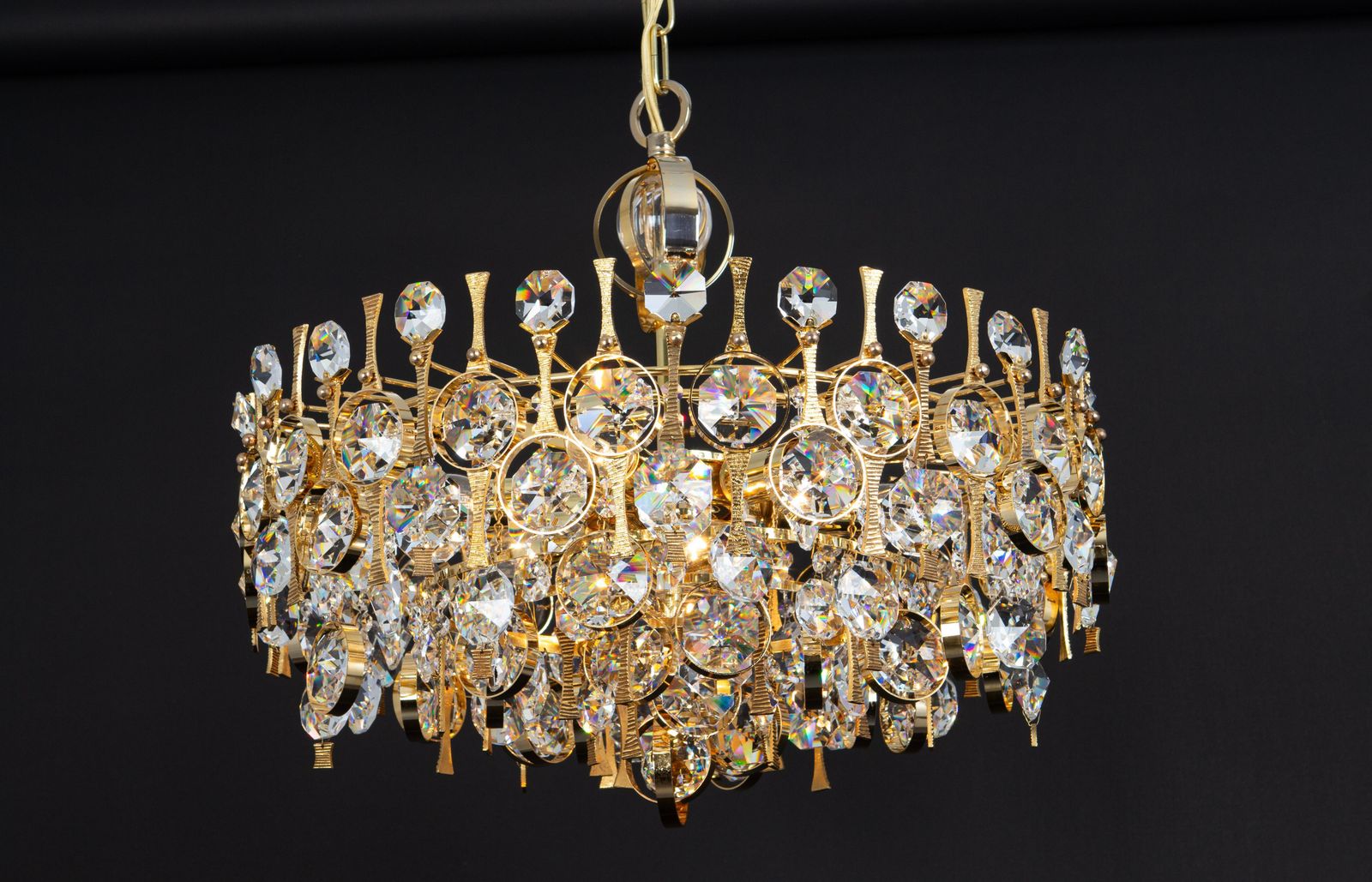 photo for sale Large Gilt Brass And Crystal Chandelier, By Palwa, Germany, 1970s