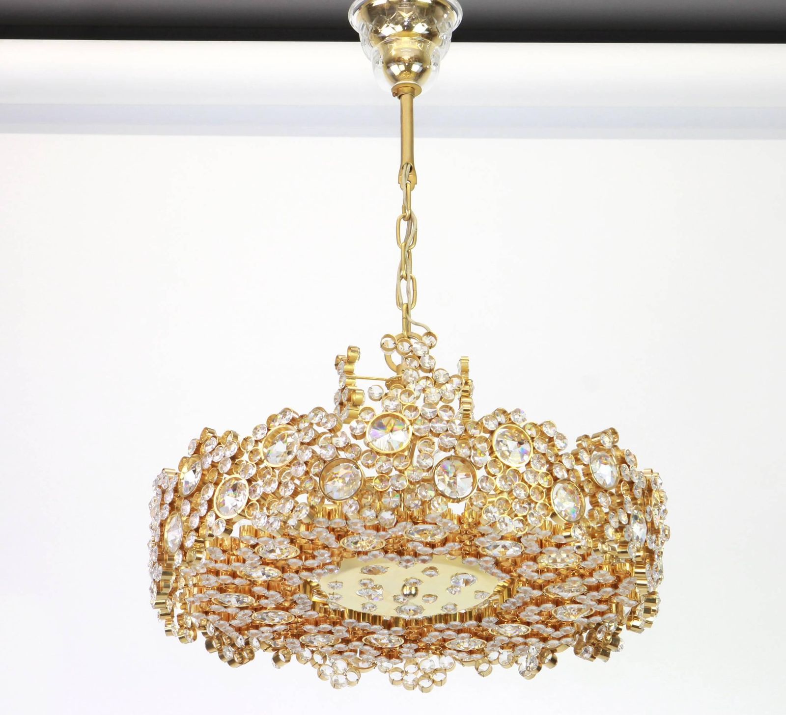 photo for sale Gilt Brass And Crystal Glass Encrusted Chandeliers By Palwa, Germany, 1970s
