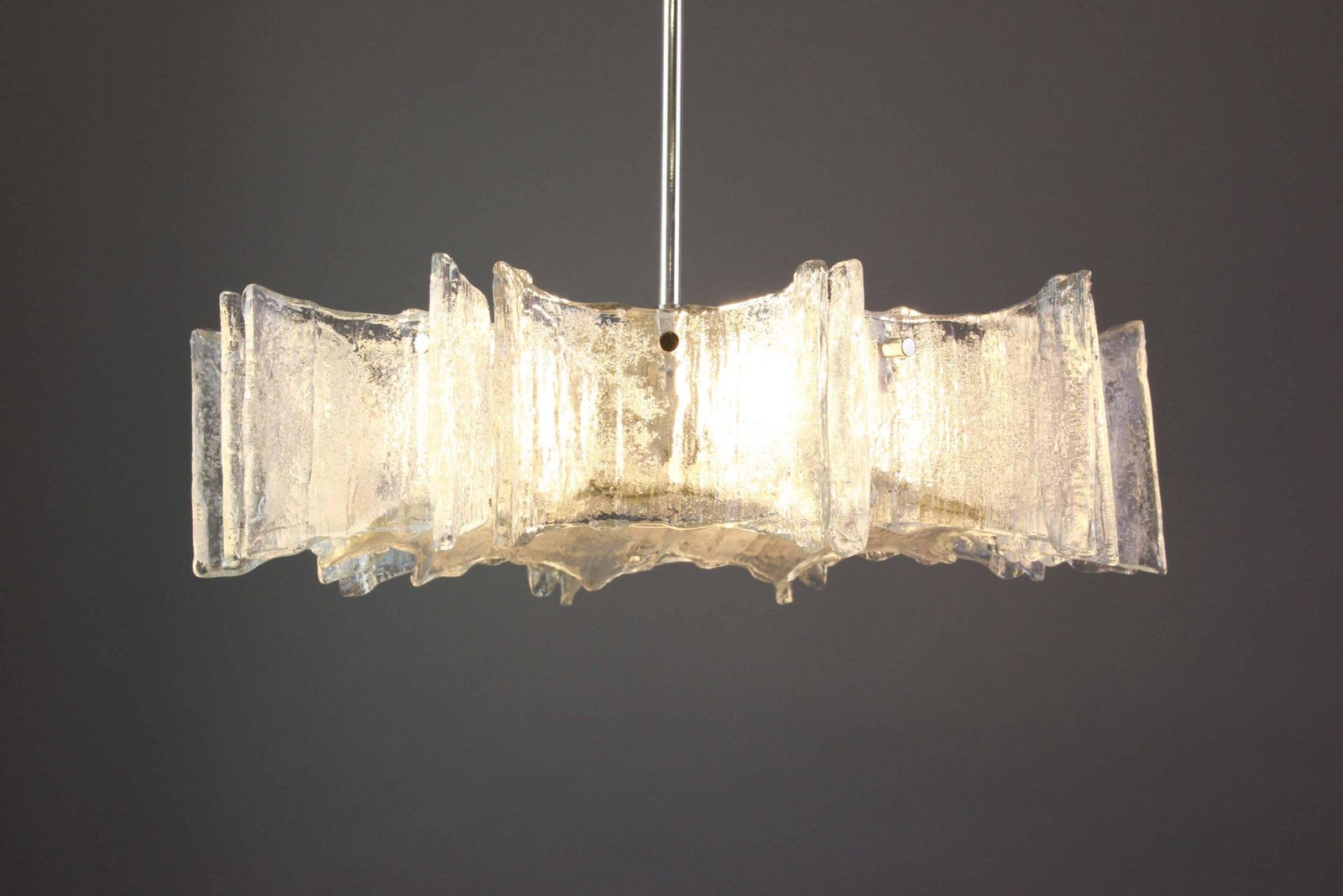 1 Of 2 Large Ice Glass Chrome Chandelier By Kaiser, Germany, 1960s photo for sale