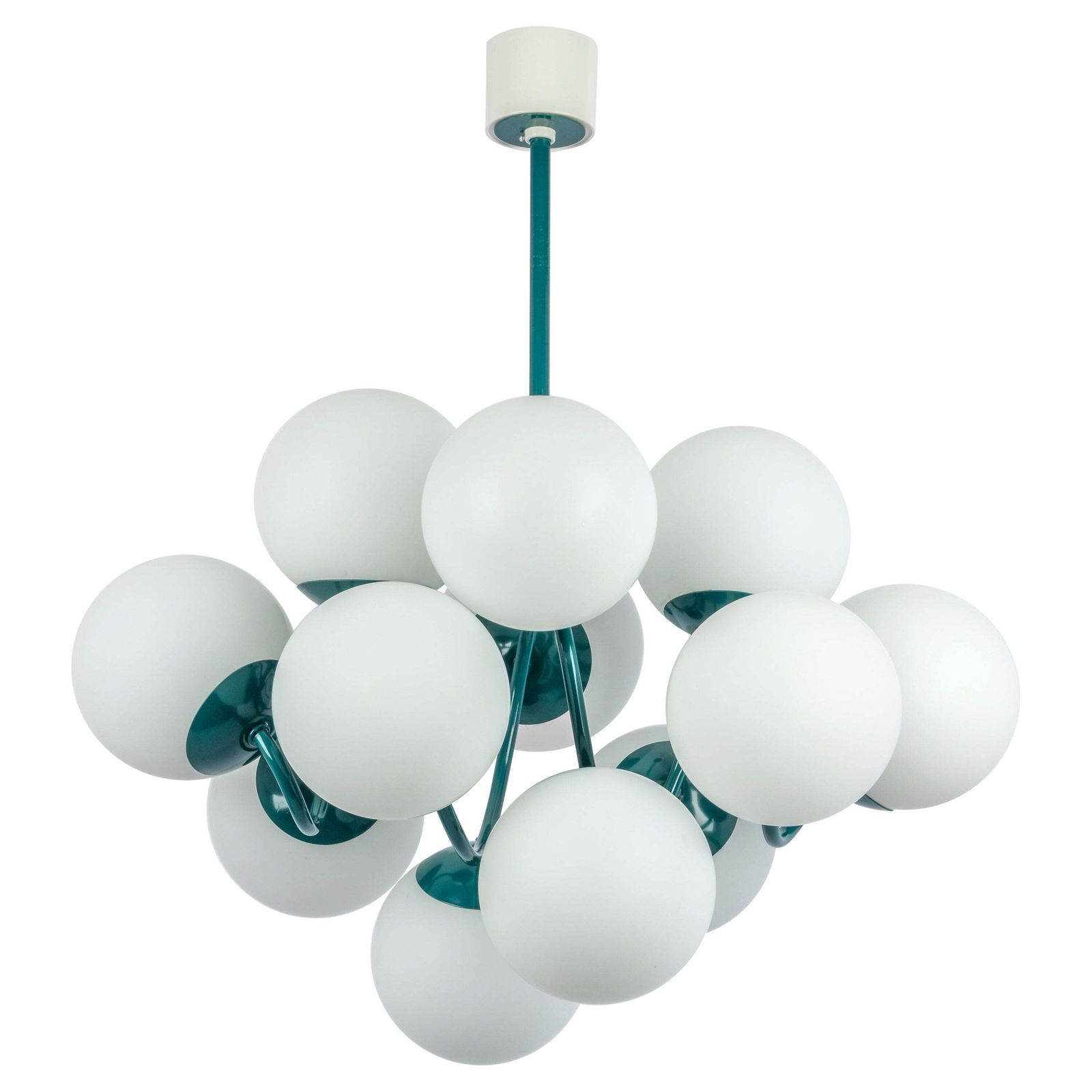 Kaiser Green Sputnik Molecular Shape Chandelier, 12 Opal Glass, Germany, 1970s