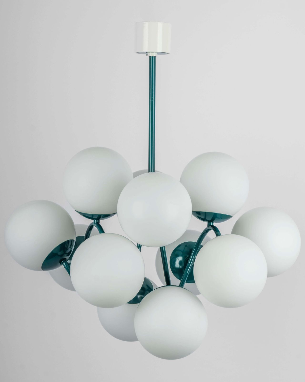 Kaiser Green Sputnik Molecular Shape Chandelier, 12 Opal Glass, Germany, 1970s photo furniture