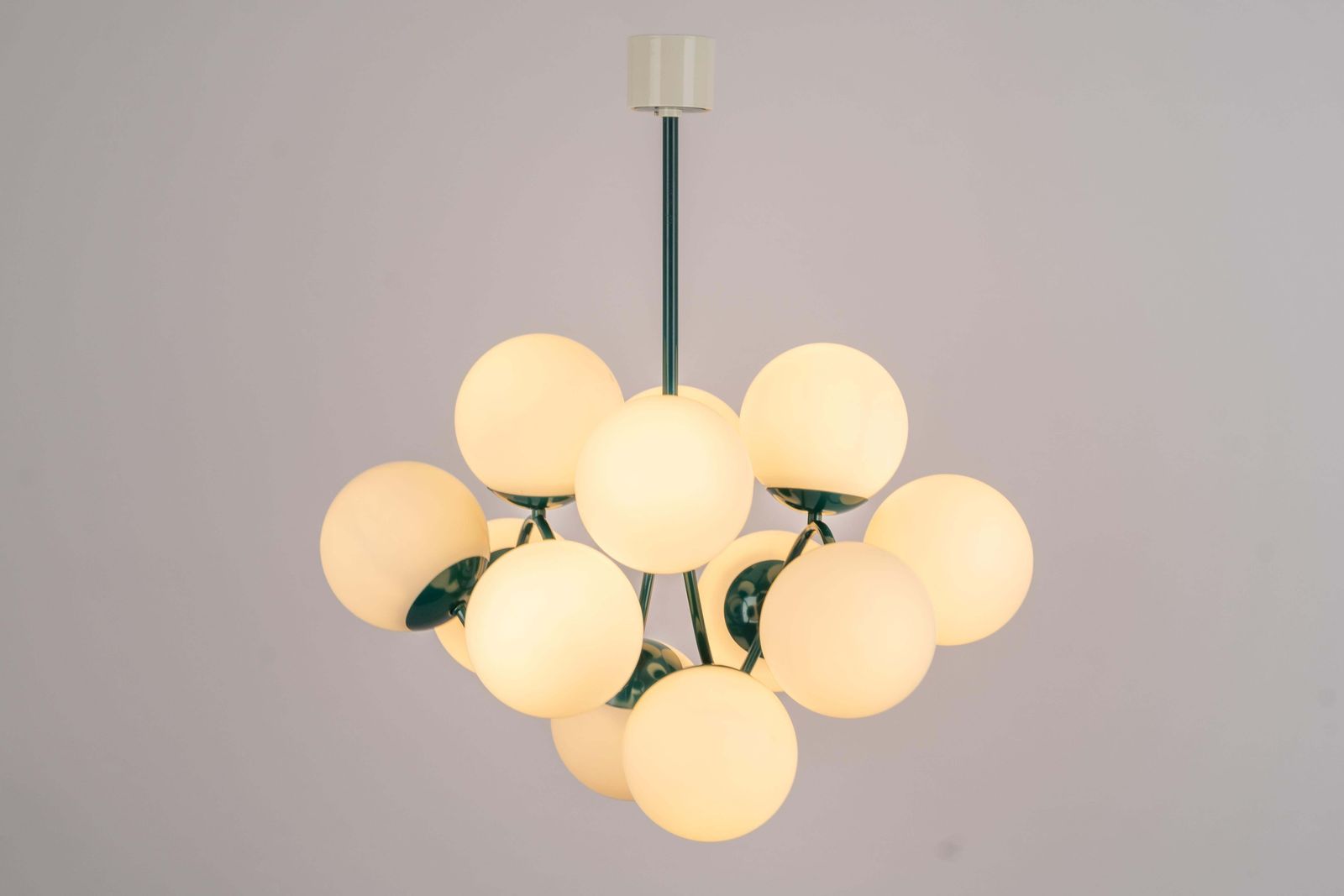 Lighting Kaiser Green Sputnik Molecular Shape Chandelier, 12 Opal Glass, Germany, 1970s photo