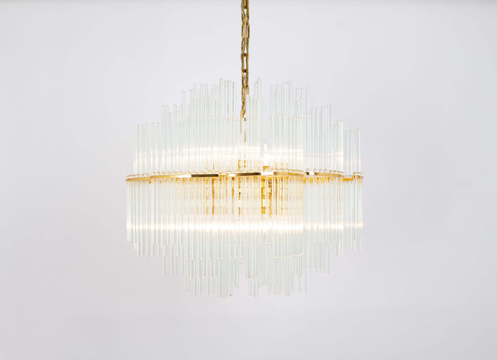 1 Of 2 Stunning Gilt Brass And Crystal Glass Rods Chandelier By Palwa, 1970s photo Lighting