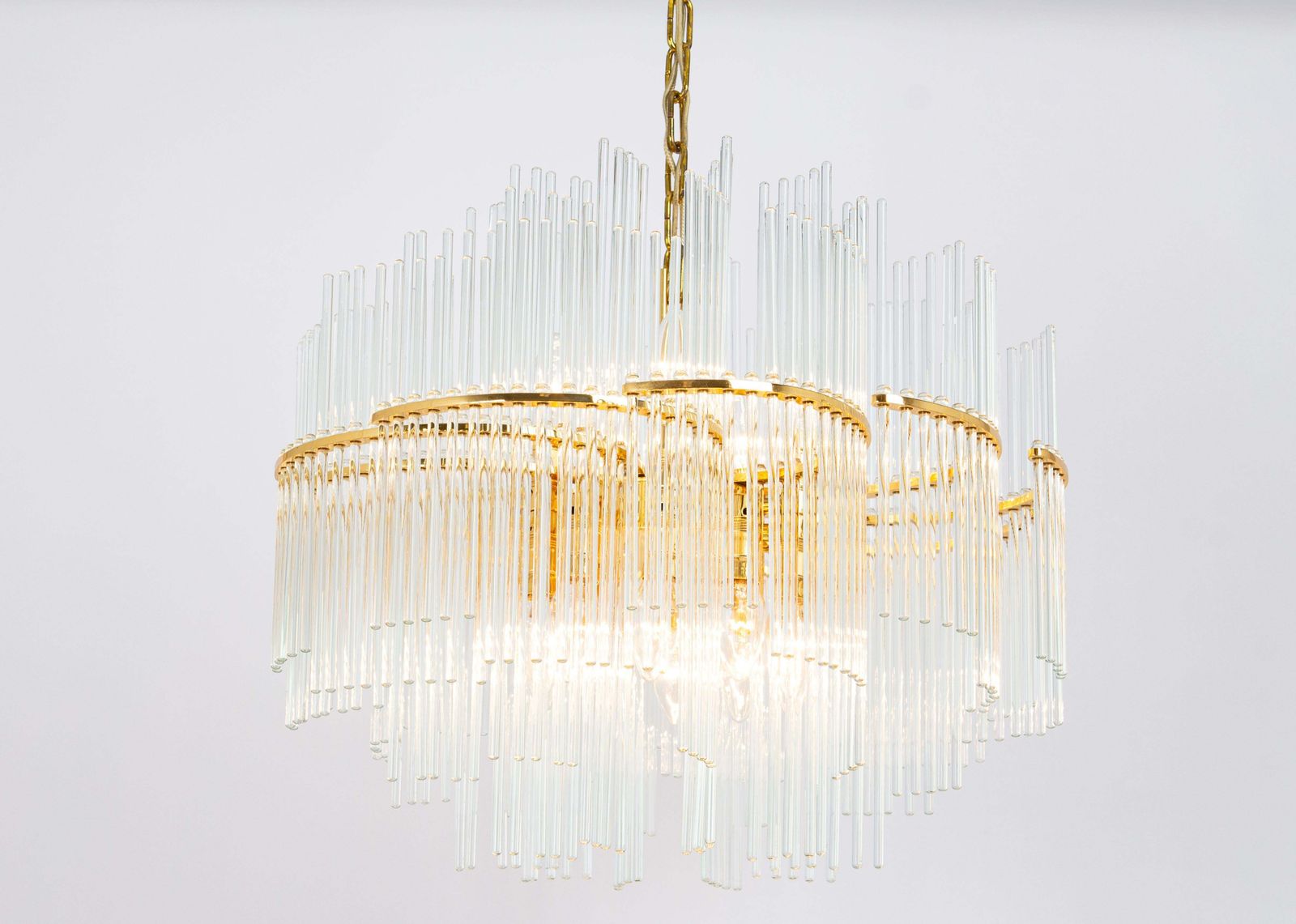 1 Of 2 Stunning Gilt Brass And Crystal Glass Rods Chandelier By Palwa, 1970s photo buy
