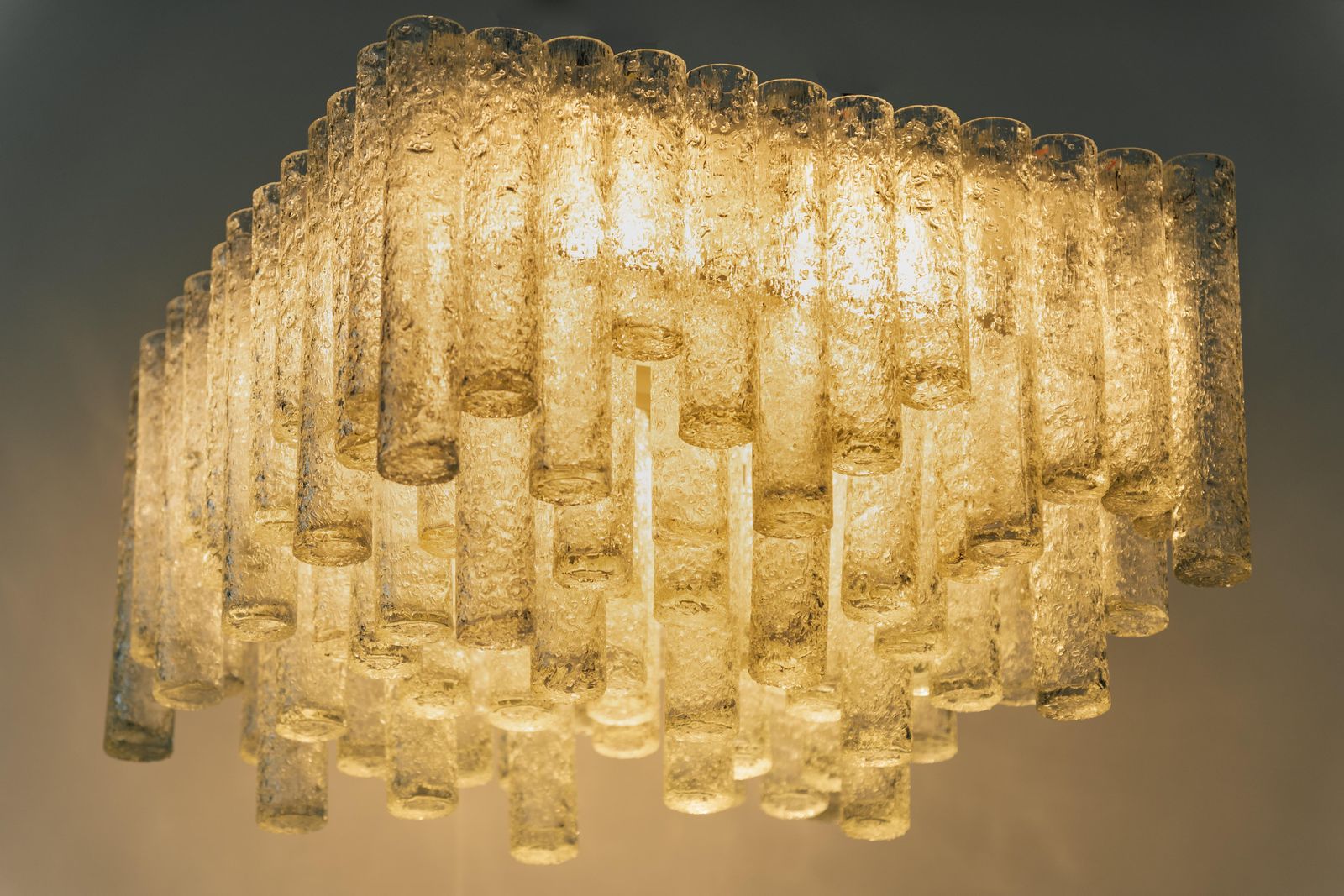 1 Of 3 Large Stunning Murano Ice Glass Tubes Flush Mount By Doria Germany, 1960s photo vintage