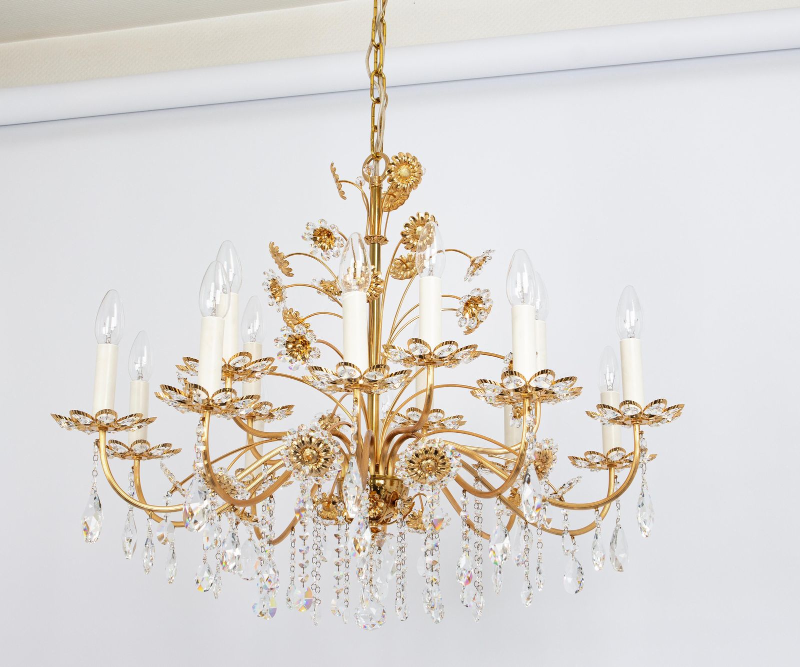 Large Gilt Brass Flower Shape Chandelier By Palwa, Germany, 1970s photo for sale