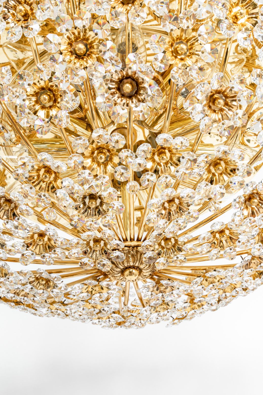 Petite Delicate Gilt Brass Cut Glass Flower Flush Mount By Palwa, Germany, 1970s photo for sale