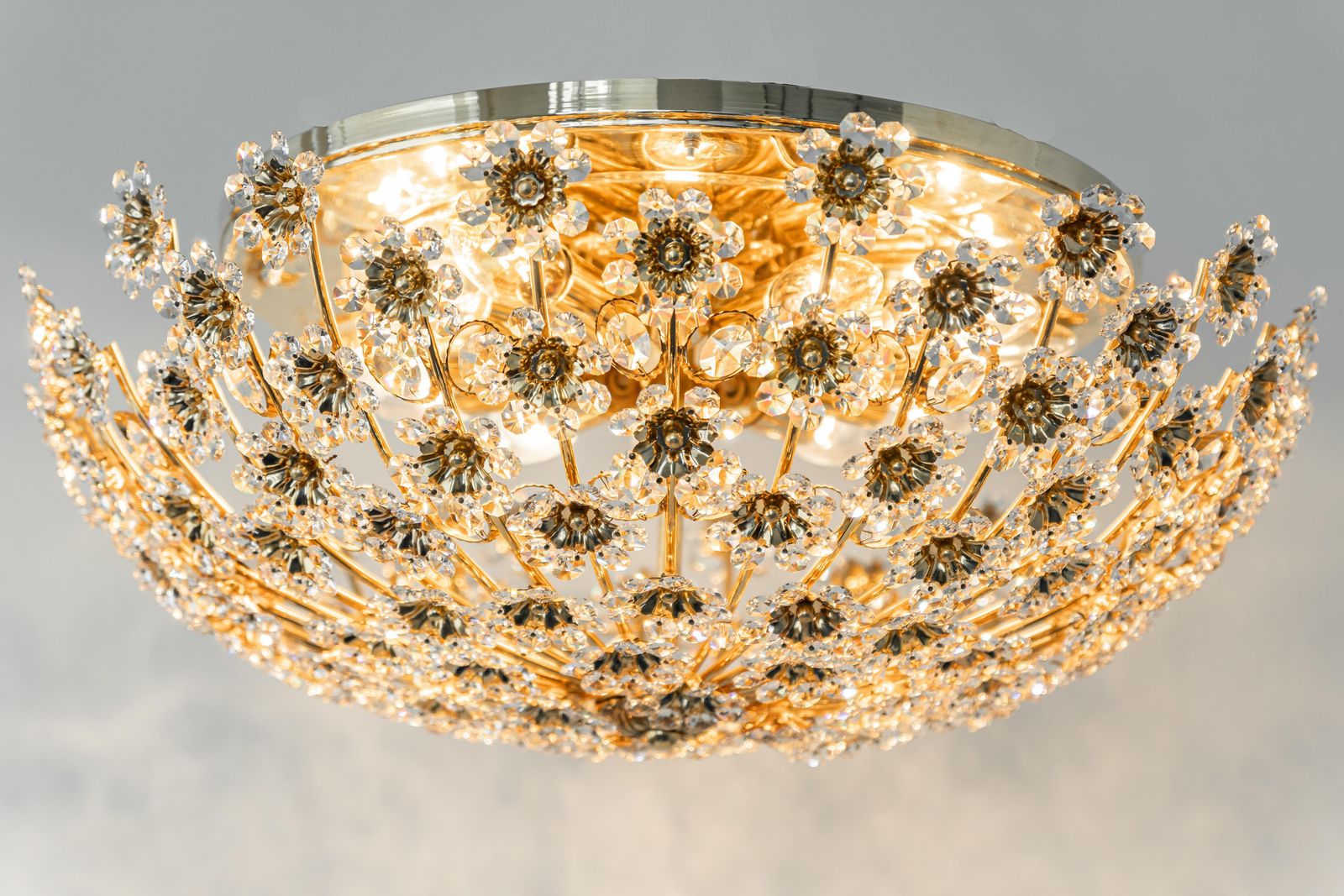 Petite Delicate Gilt Brass Cut Glass Flower Flush Mount By Palwa, Germany, 1970s photo buy