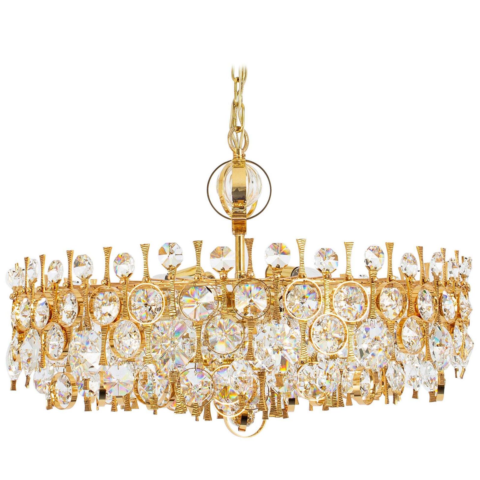 Large Gilt Brass And Crystal Chandelier, By Palwa, Germany, 1970s
