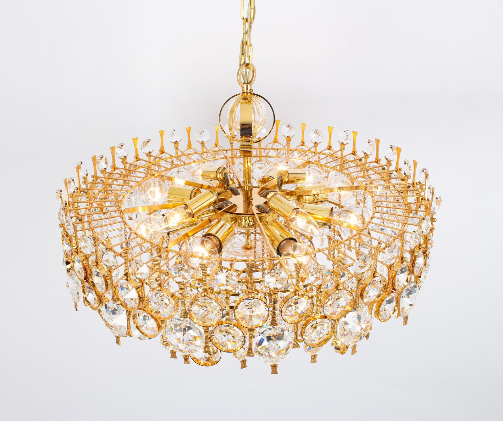 photo for sale Large Gilt Brass And Crystal Chandelier, By Palwa, Germany, 1970s