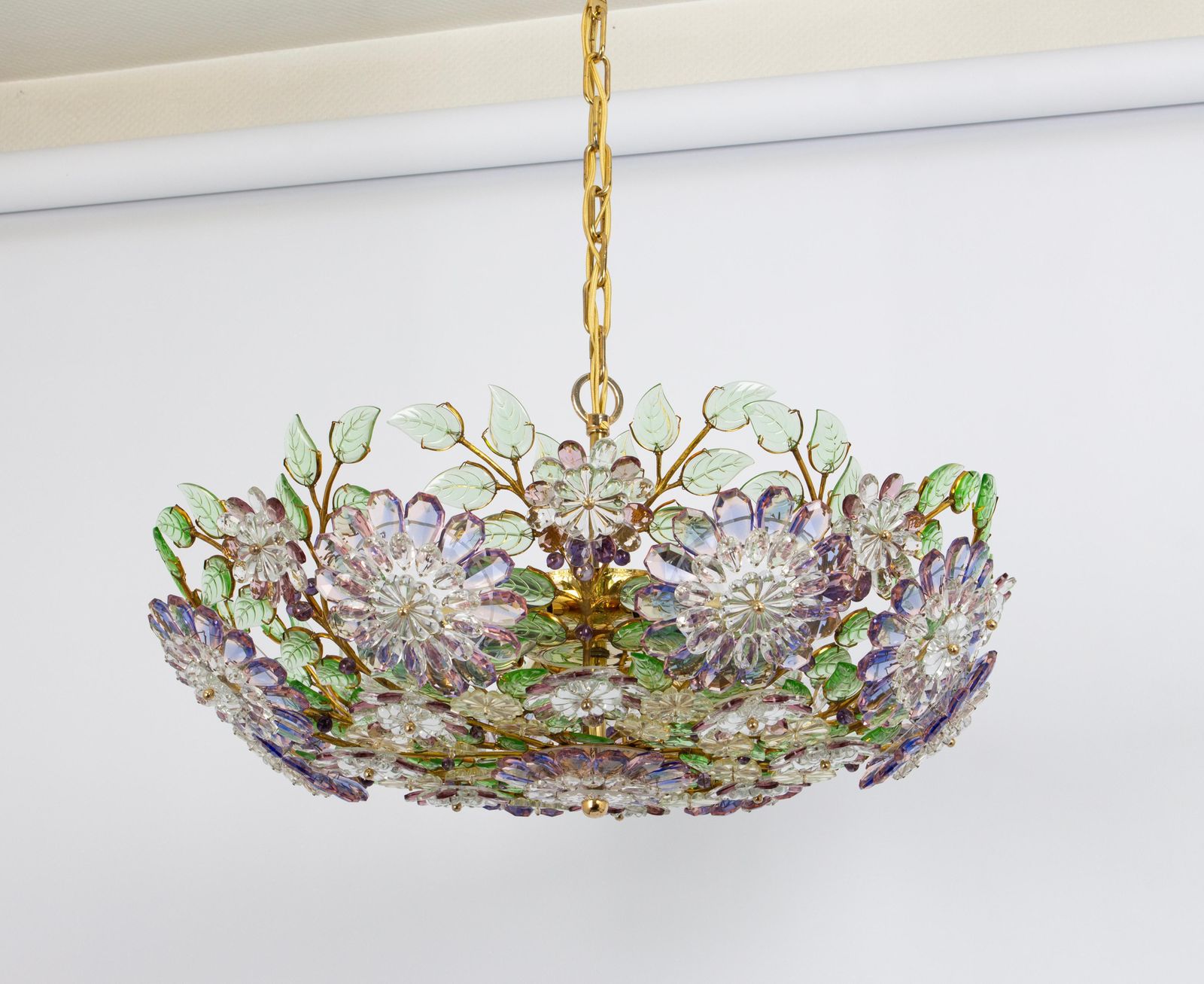 Large Gorgeous Chandeier Gilt Faceted Crystal Glass Bagues, Palwa, 1970s photo for sale
