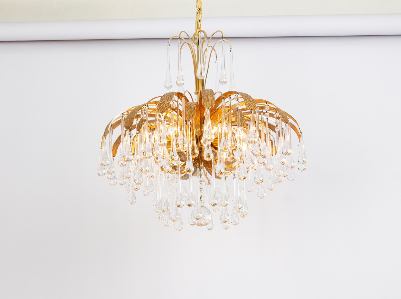 1 Of 3 Gilt Brass Teardrop Chandelier By Palwa, Sciolari Design, Germany, 1970s photo vintage