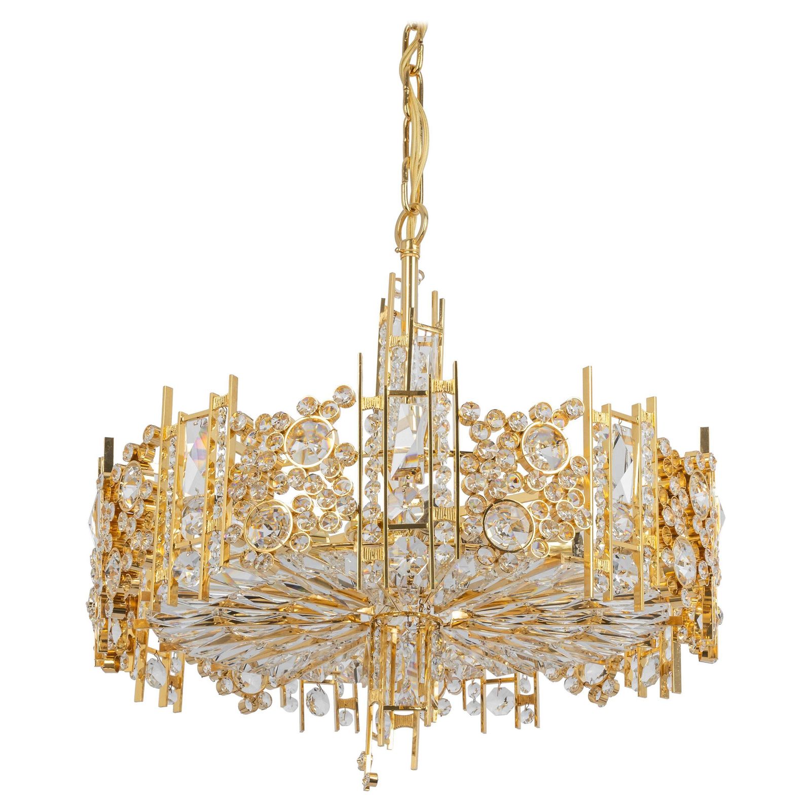 Large Gilt Brass And Crystal Chandelier, By Palwa, Germany, 1970s