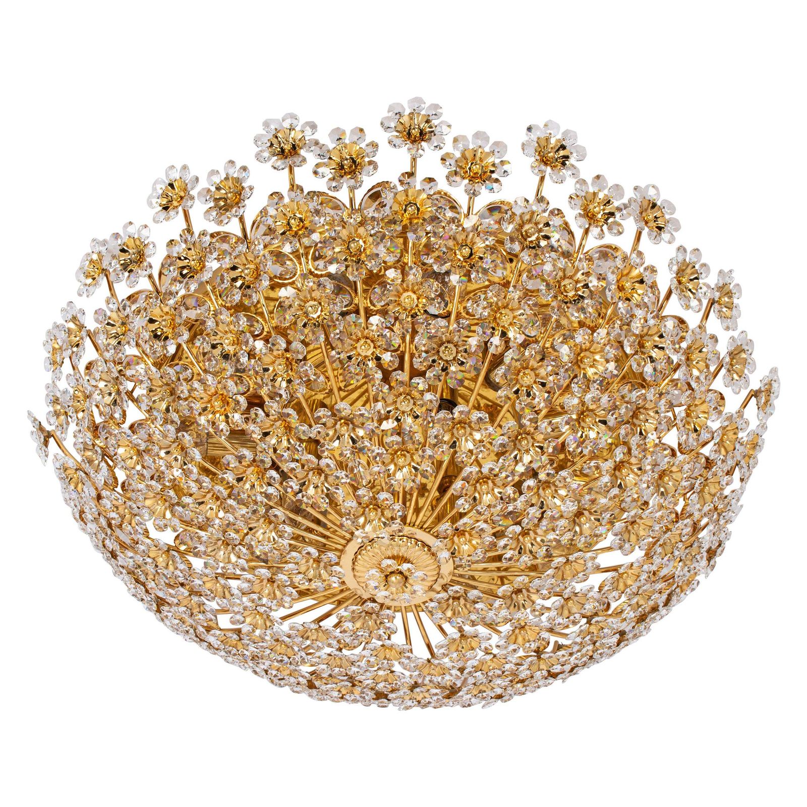 Huge Delicate Gilt Brass Cut Glass Flower Flush Mount By Palwa, Germany, 1970s