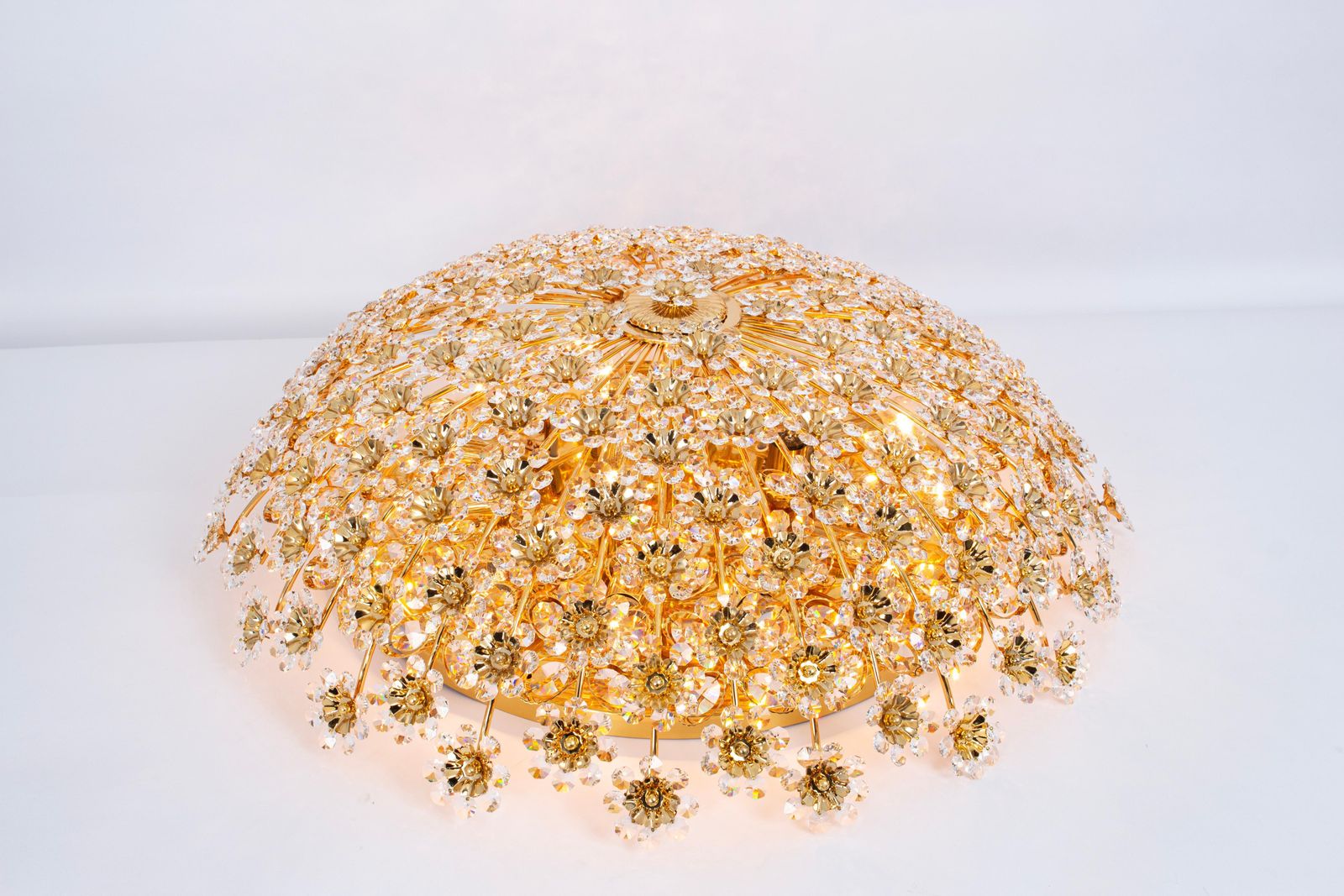 Huge Delicate Gilt Brass Cut Glass Flower Flush Mount By Palwa, Germany, 1970s photo buy
