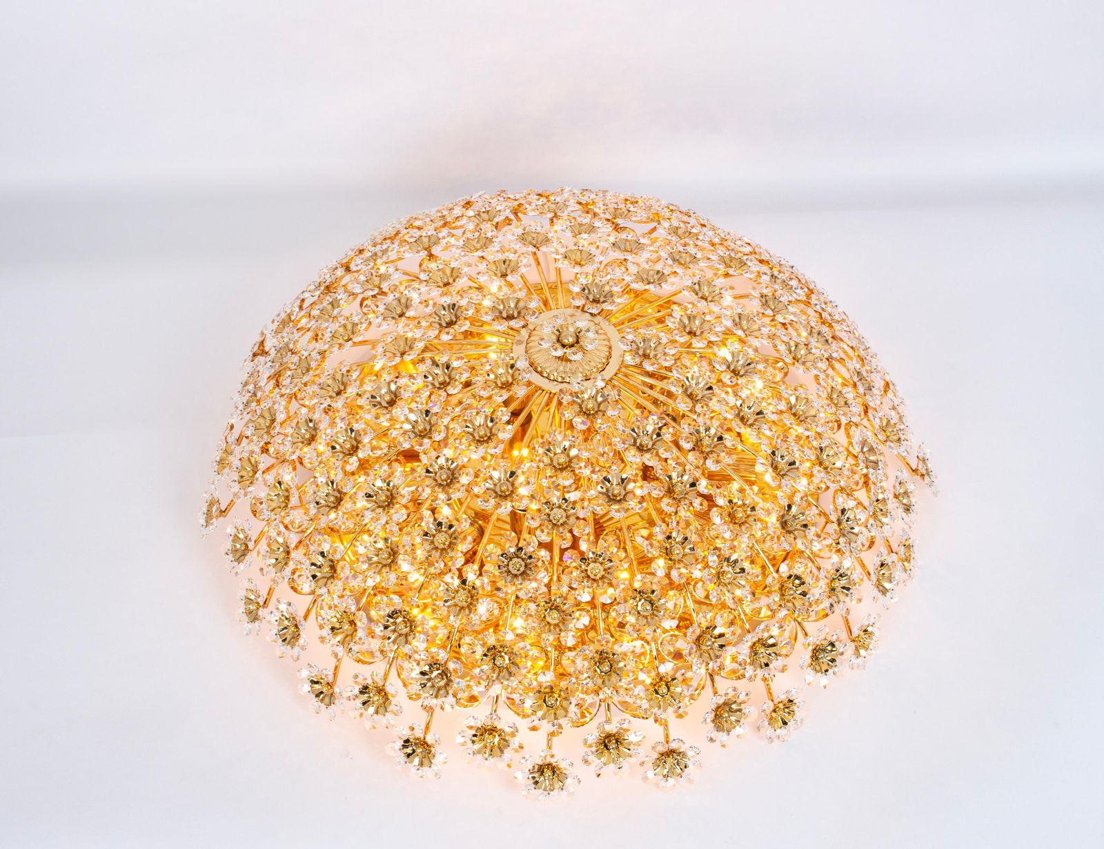 Lighting Huge Delicate Gilt Brass Cut Glass Flower Flush Mount By Palwa, Germany, 1970s photo