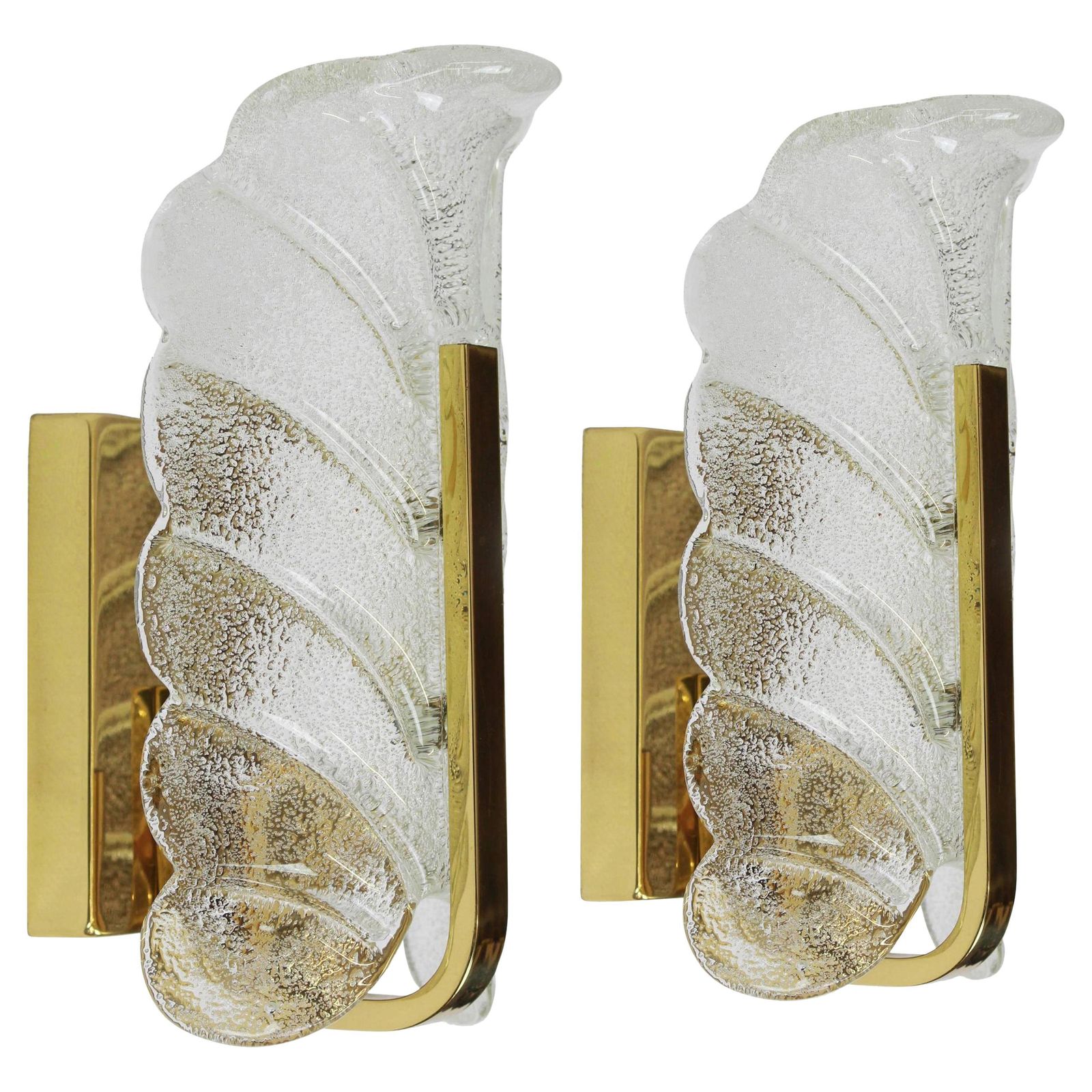 Pair Of Brass Wall Sconces By Carl Fagerlund For Orrefors, Glass Leaves, 1960s