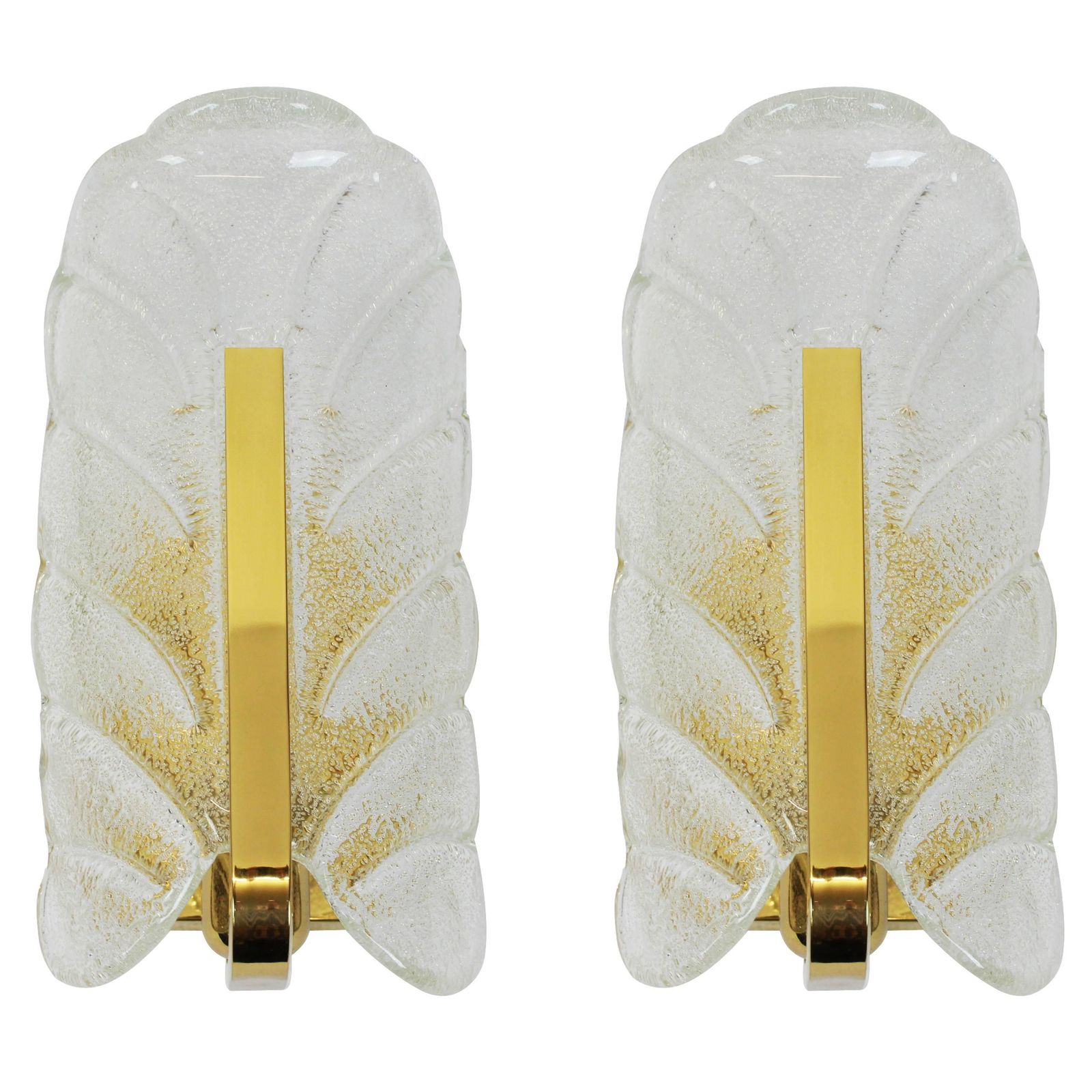 Pair Of Brass Wall Sconces By Carl Fagerlund For Orrefors, Glass Leaves, 1960s photo for sale