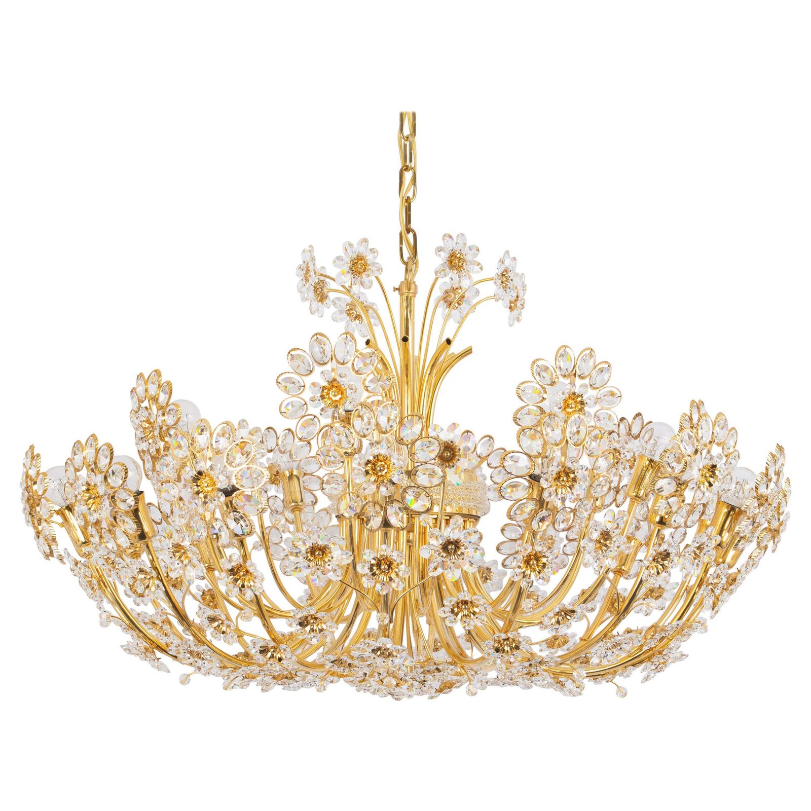 Huge Delicate Gilt Brass And Crystal Flower Chandelier By Palwa, Germany, 1970s