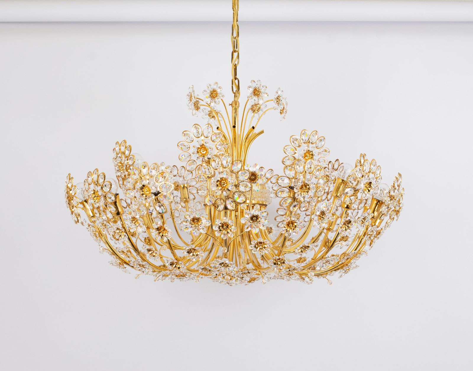 Huge Delicate Gilt Brass And Crystal Flower Chandelier By Palwa, Germany, 1970s photo furniture