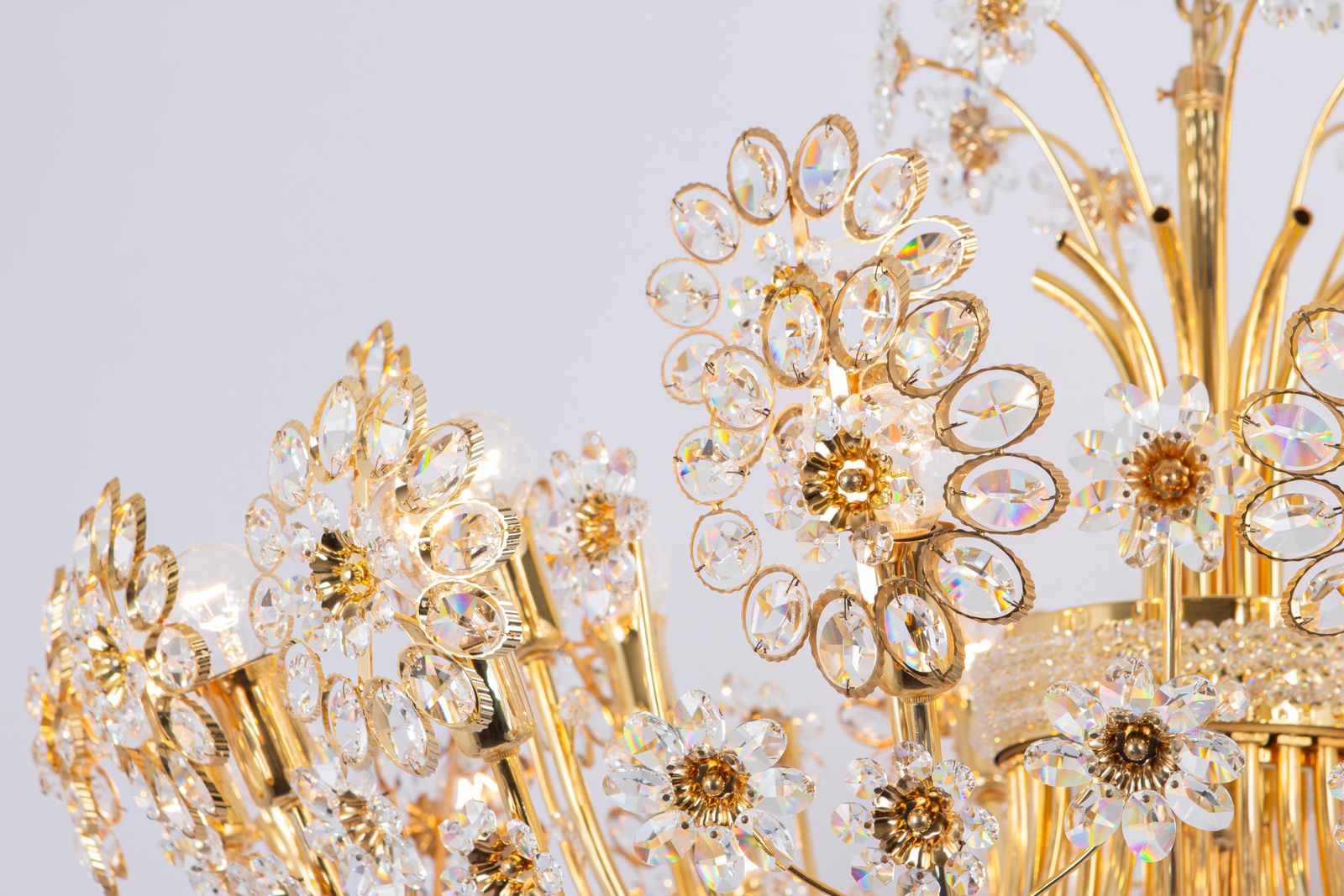 Lighting Huge Delicate Gilt Brass And Crystal Flower Chandelier By Palwa, Germany, 1970s photo