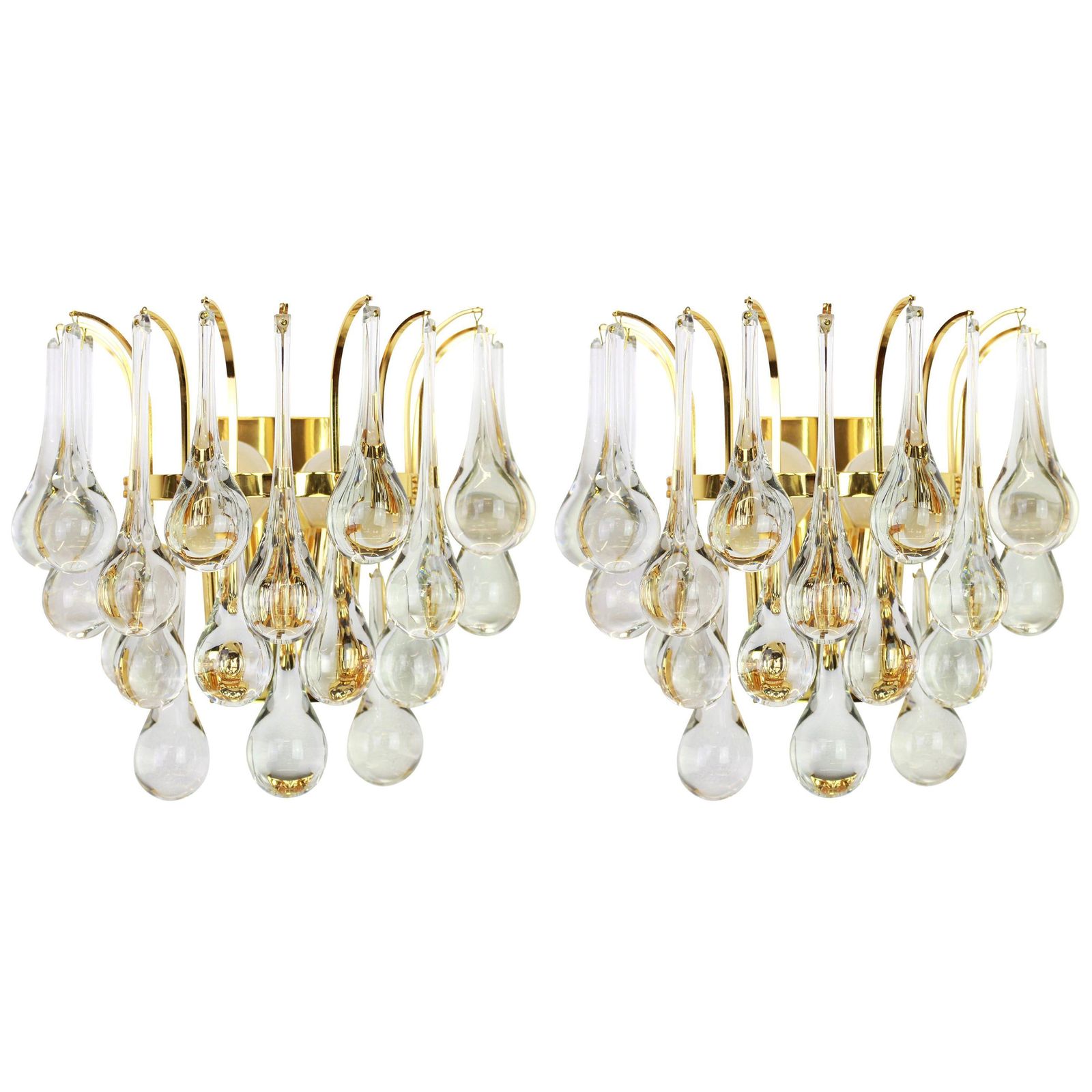 Large Pair Of Golden Gilded Brass And Crystal Sconces By Palwa, Germany, 1970s