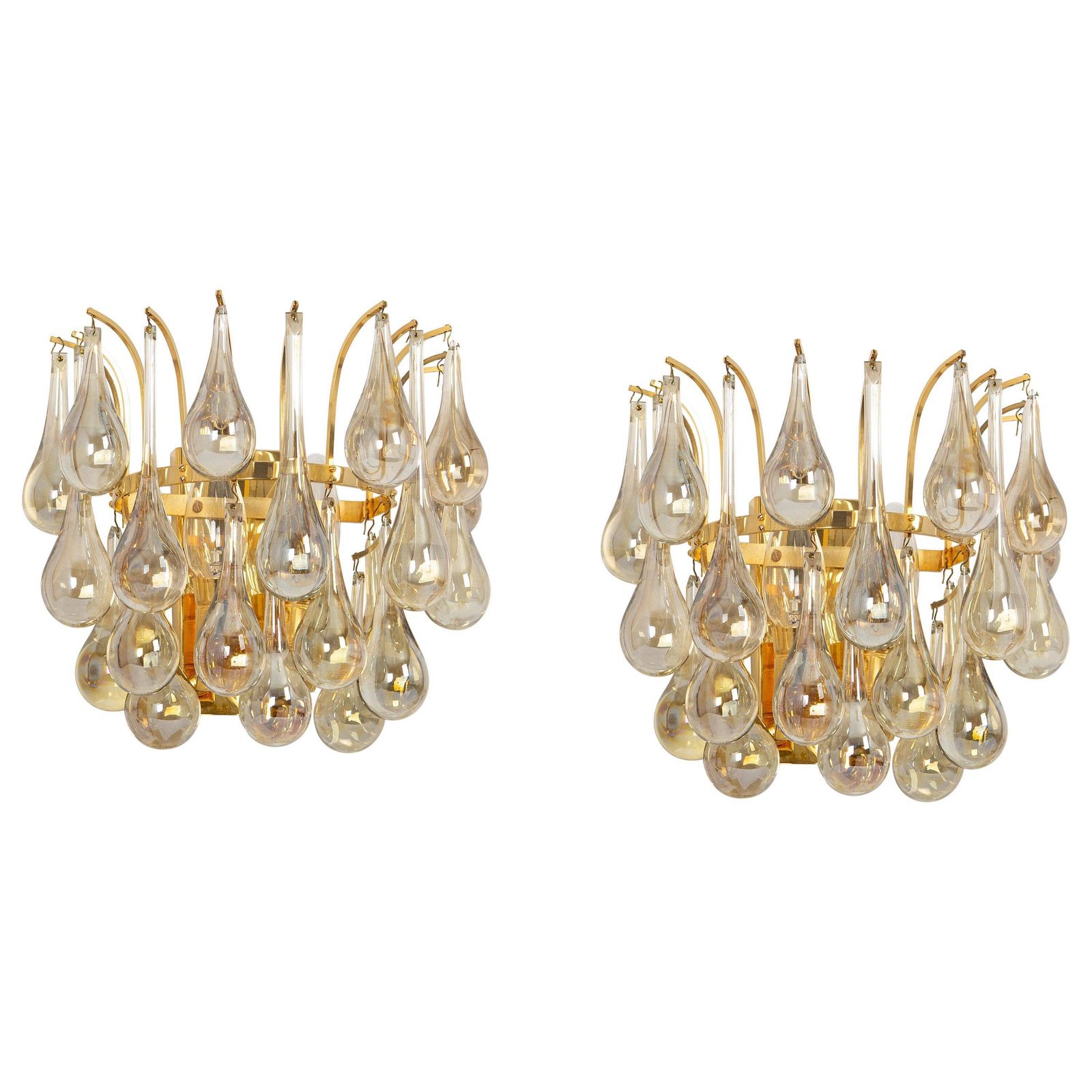 Large Pair Of Golden Gilded Brass And Crystal Sconces By C.Palme, Germany, 1970s