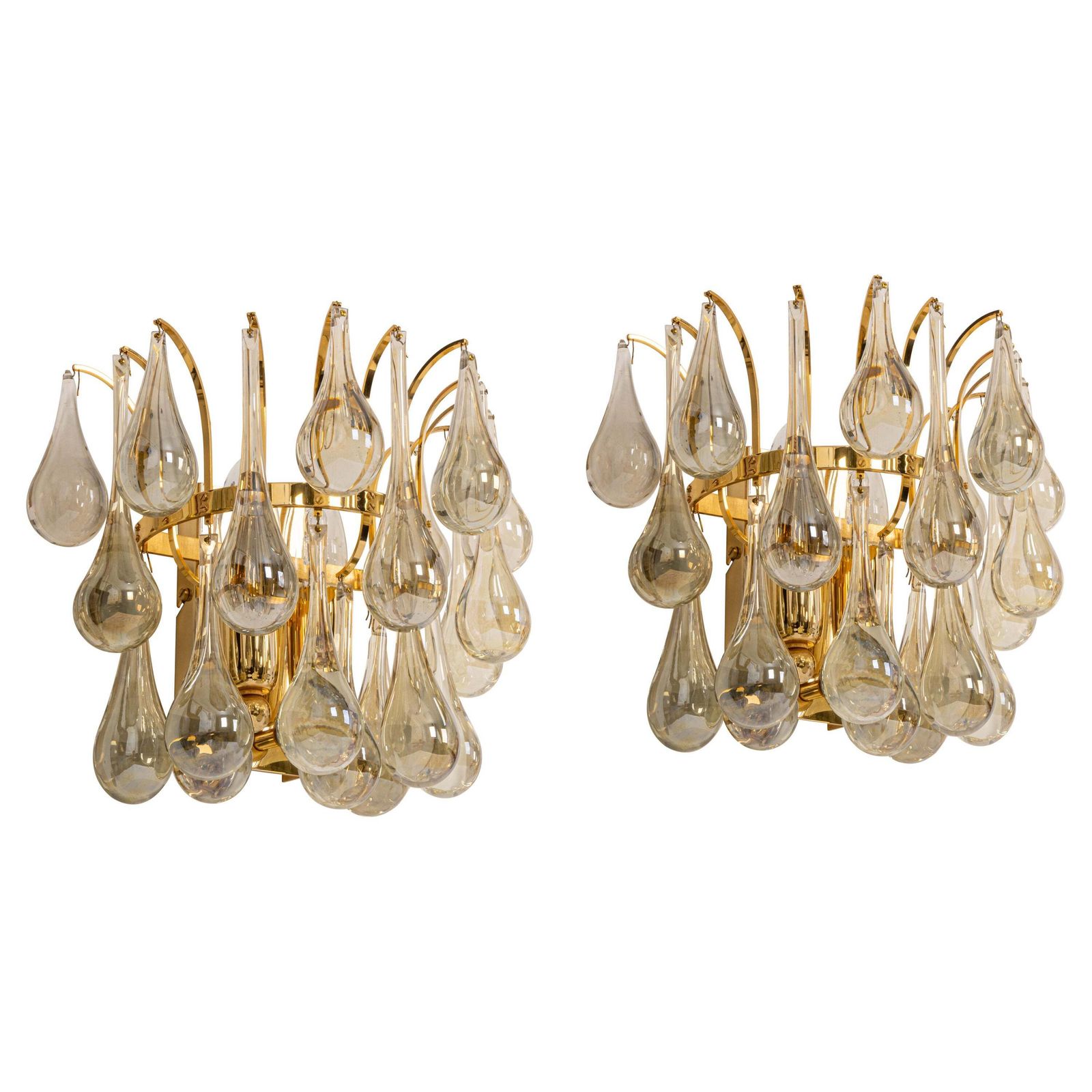 Large Pair Of Golden Gilded Brass And Crystal Sconces By Palwa, Germany, 1970s