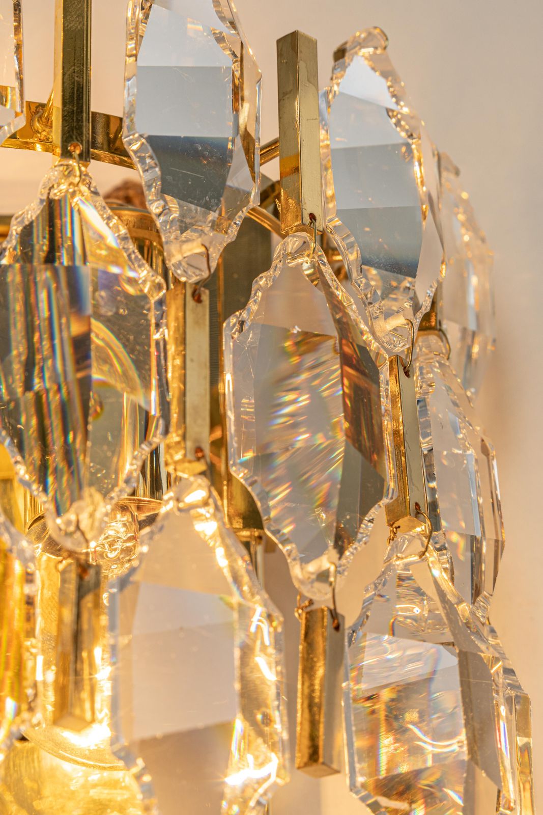 Pair Of Golden Gilded Brass And Crystal Sconces By Palwa, Germany, 1970s photo buy