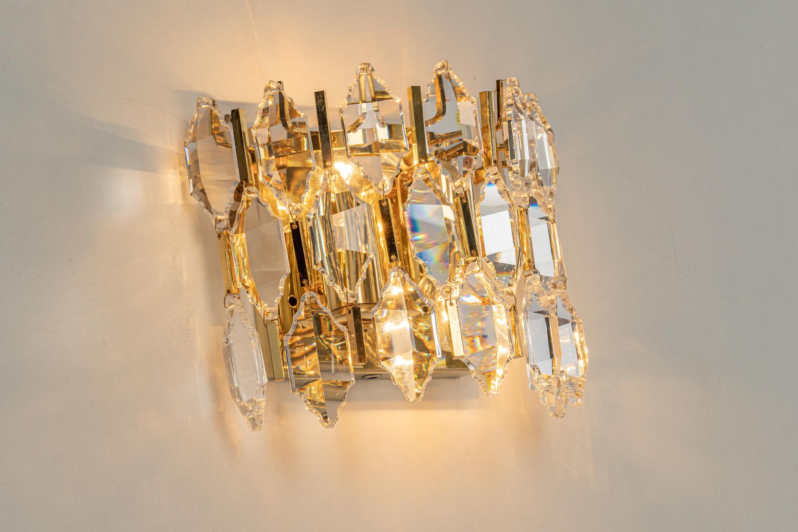 photo for sale Pair Of Golden Gilded Brass And Crystal Sconces By Palwa, Germany, 1970s