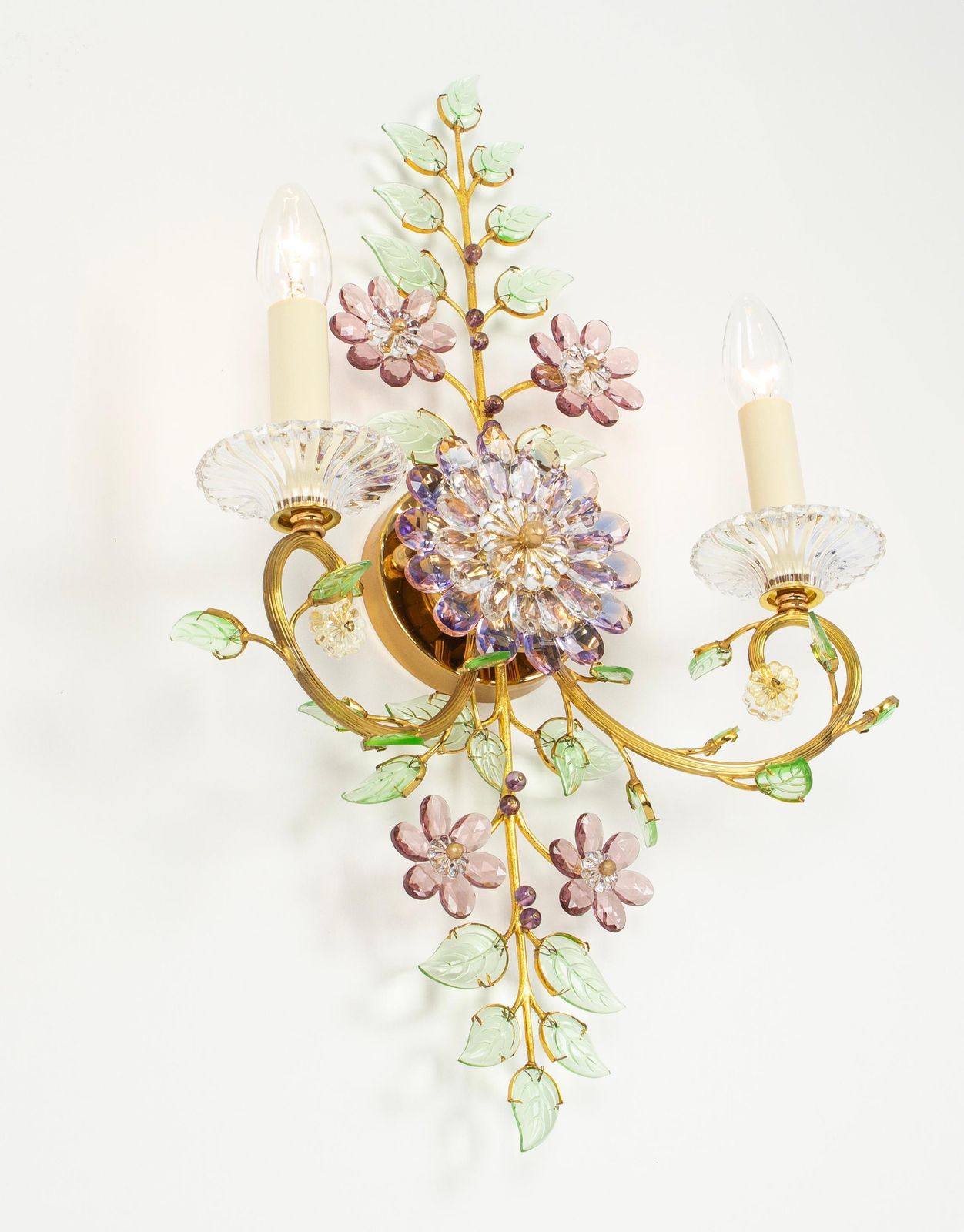 Large Gorgeous Flower Sconces Gilt Faceted Crystal Glass Bagues, Palwa, 1970s photo 6706.0