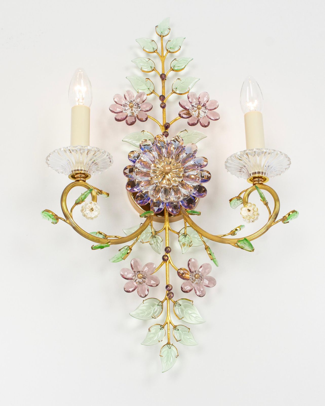 Large Gorgeous Flower Sconces Gilt Faceted Crystal Glass Bagues, Palwa, 1970s photo vinterior