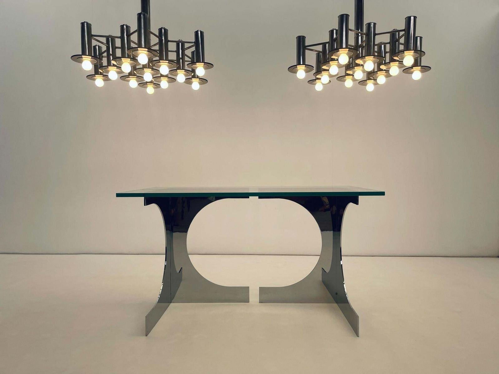 photo vinterior Large Pair Of Chrome Chandelier With Smoked Glass