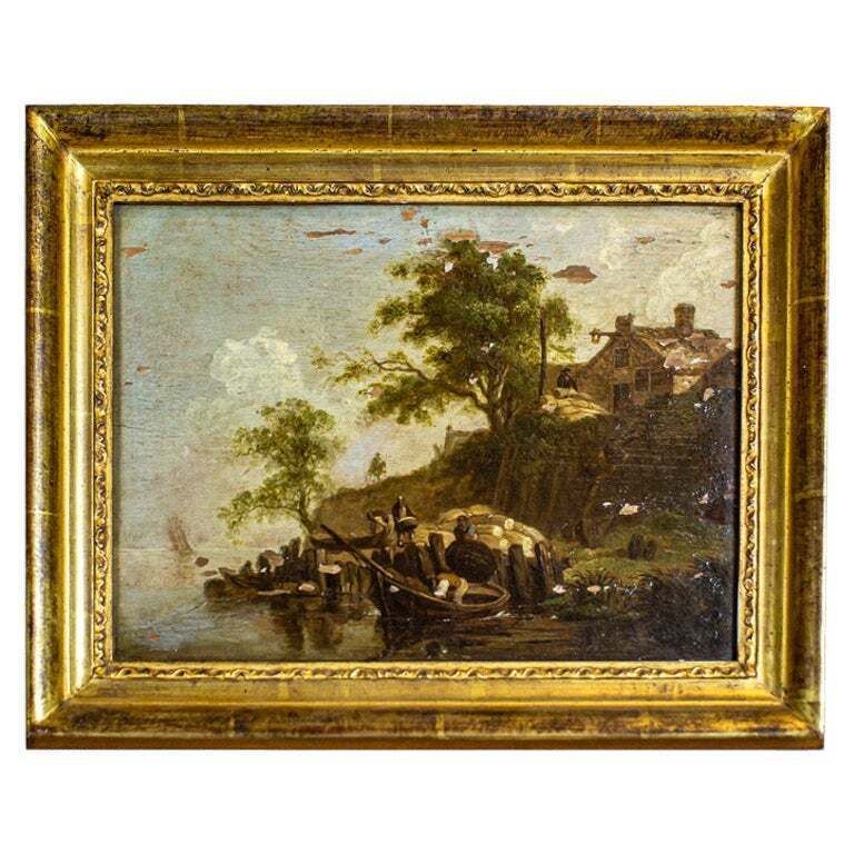 19th Century Framed Oil Painting On Hardboard Depicting Genre Scene