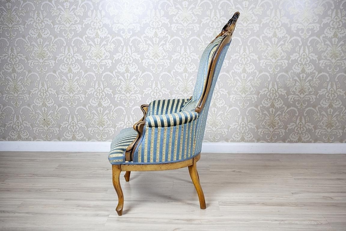 Comfortable Walnut Armchair From The Late 19th Century In Light Blue Upholstery photo furniture
